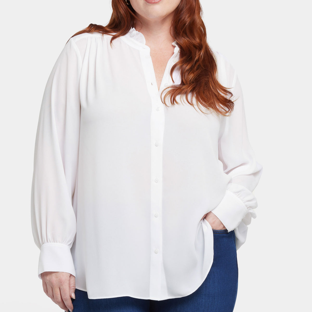 Ruffle Neck Blouse In Plus Size - Optic White