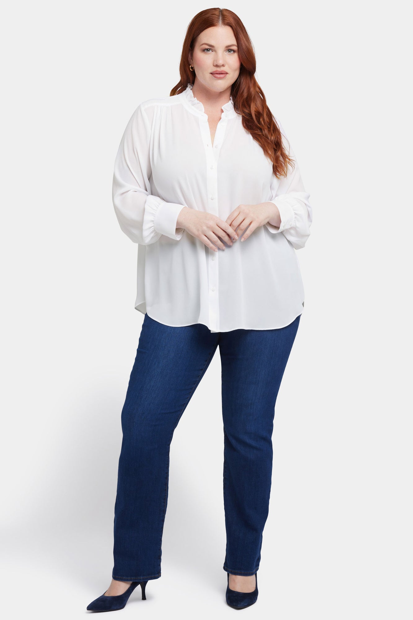 NYDJ Ruffle Neck Blouse In Plus Size  - Optic White