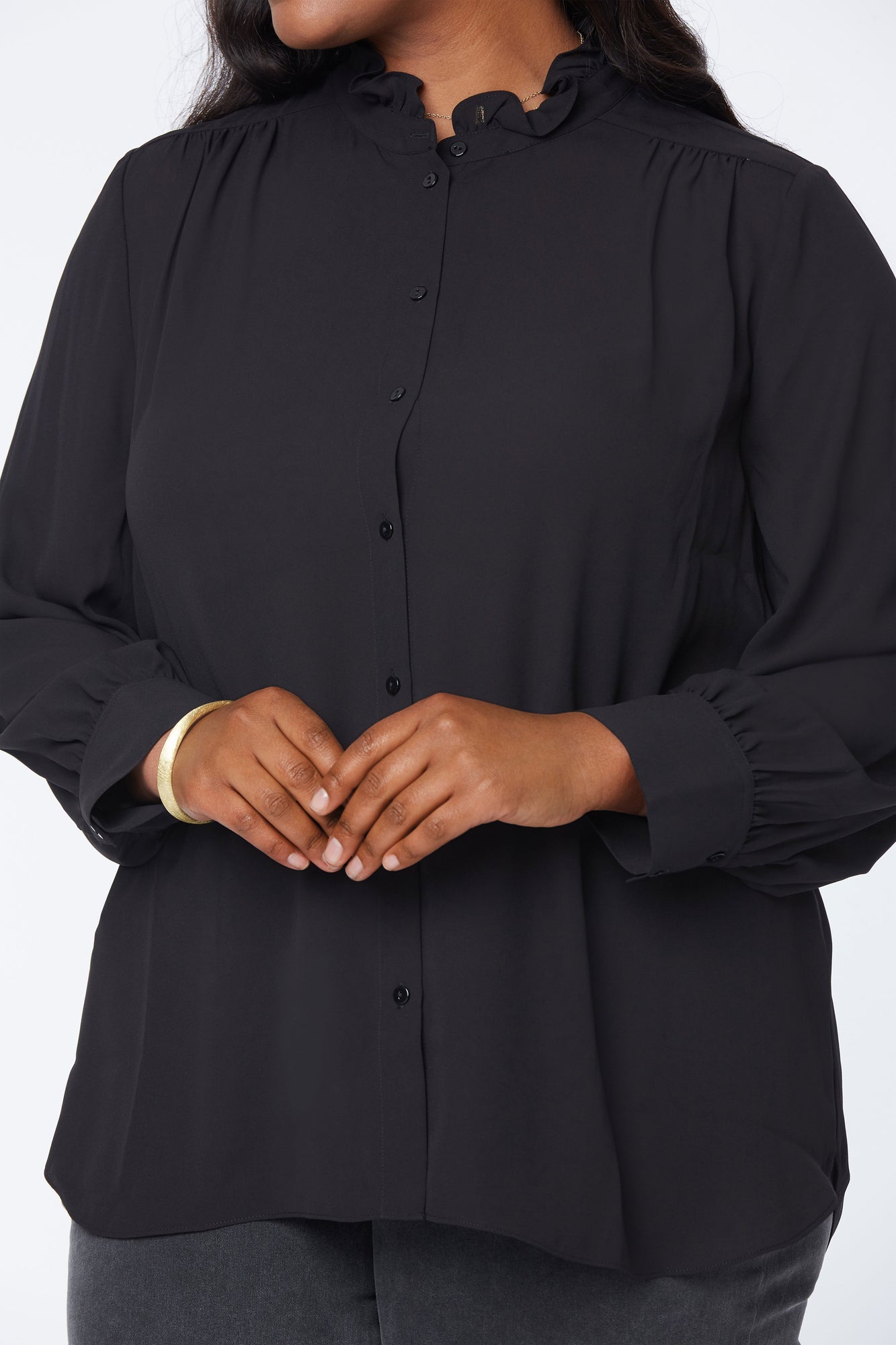 NYDJ Ruffle Neck Blouse In Plus Size  - Black