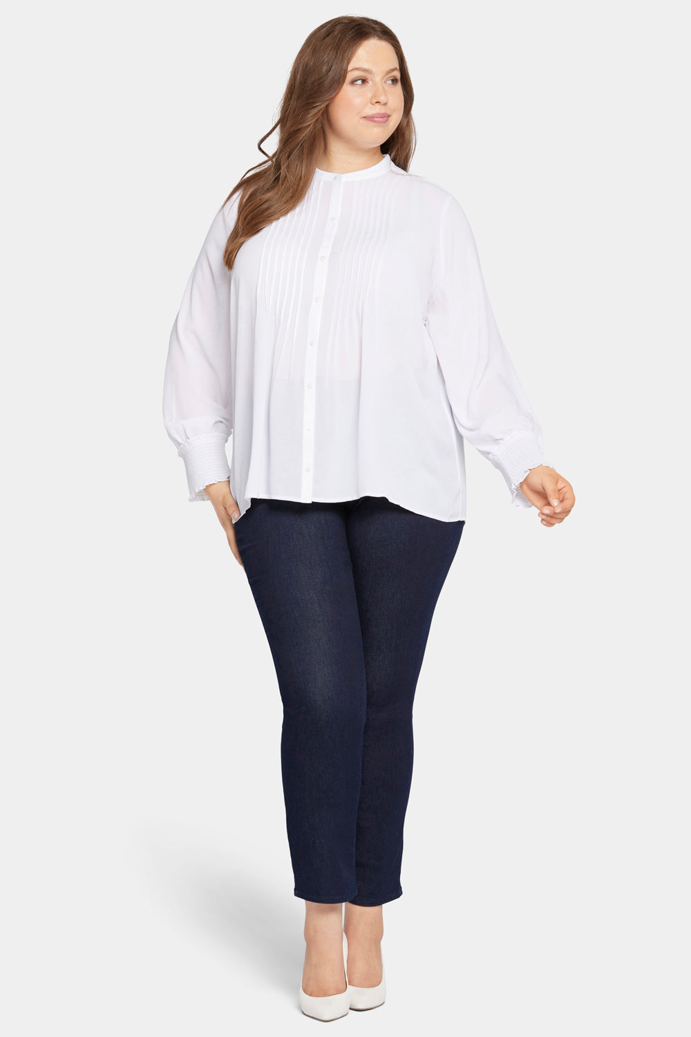 NYDJ Pleated Peasant Blouse In Plus Size  - Optic White