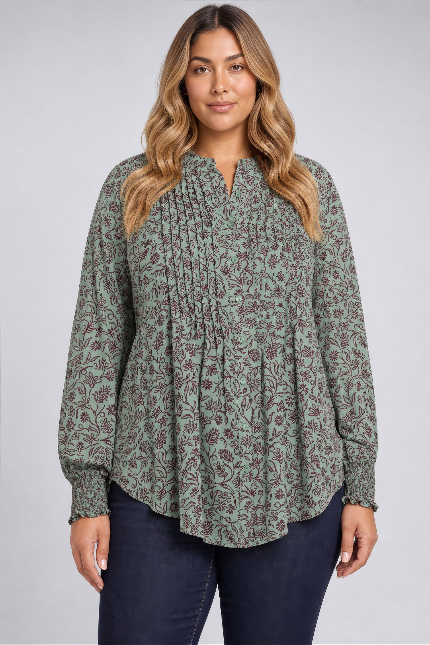 NYDJ Pleated Peasant Blouse In Plus Size  - Morningside Meadow Wine