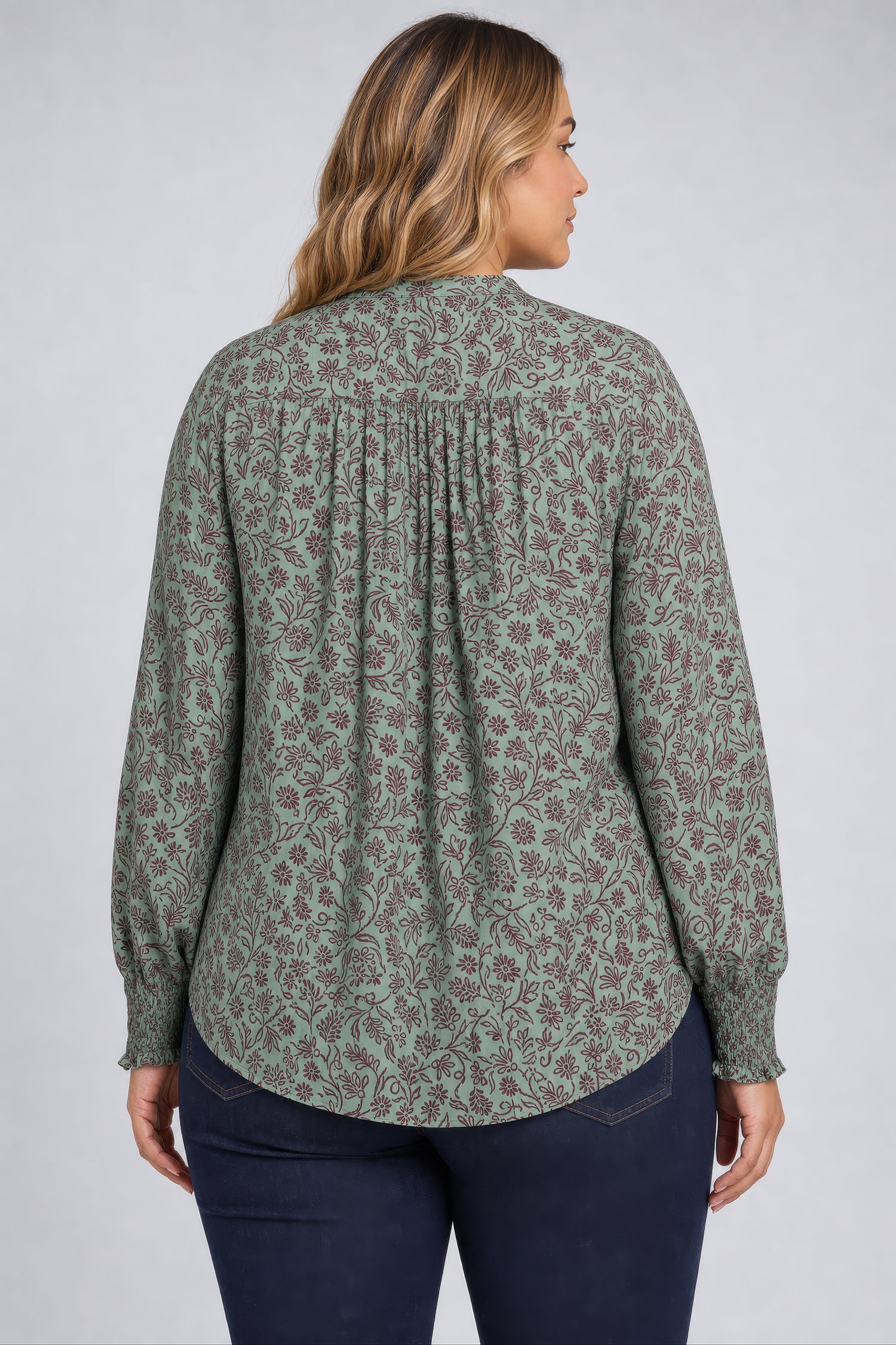 NYDJ Pleated Peasant Blouse In Plus Size  - Morningside Meadow Wine