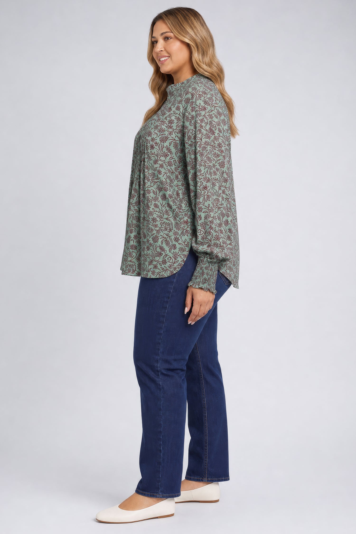 NYDJ Pleated Peasant Blouse In Plus Size  - Morningside Meadow Wine