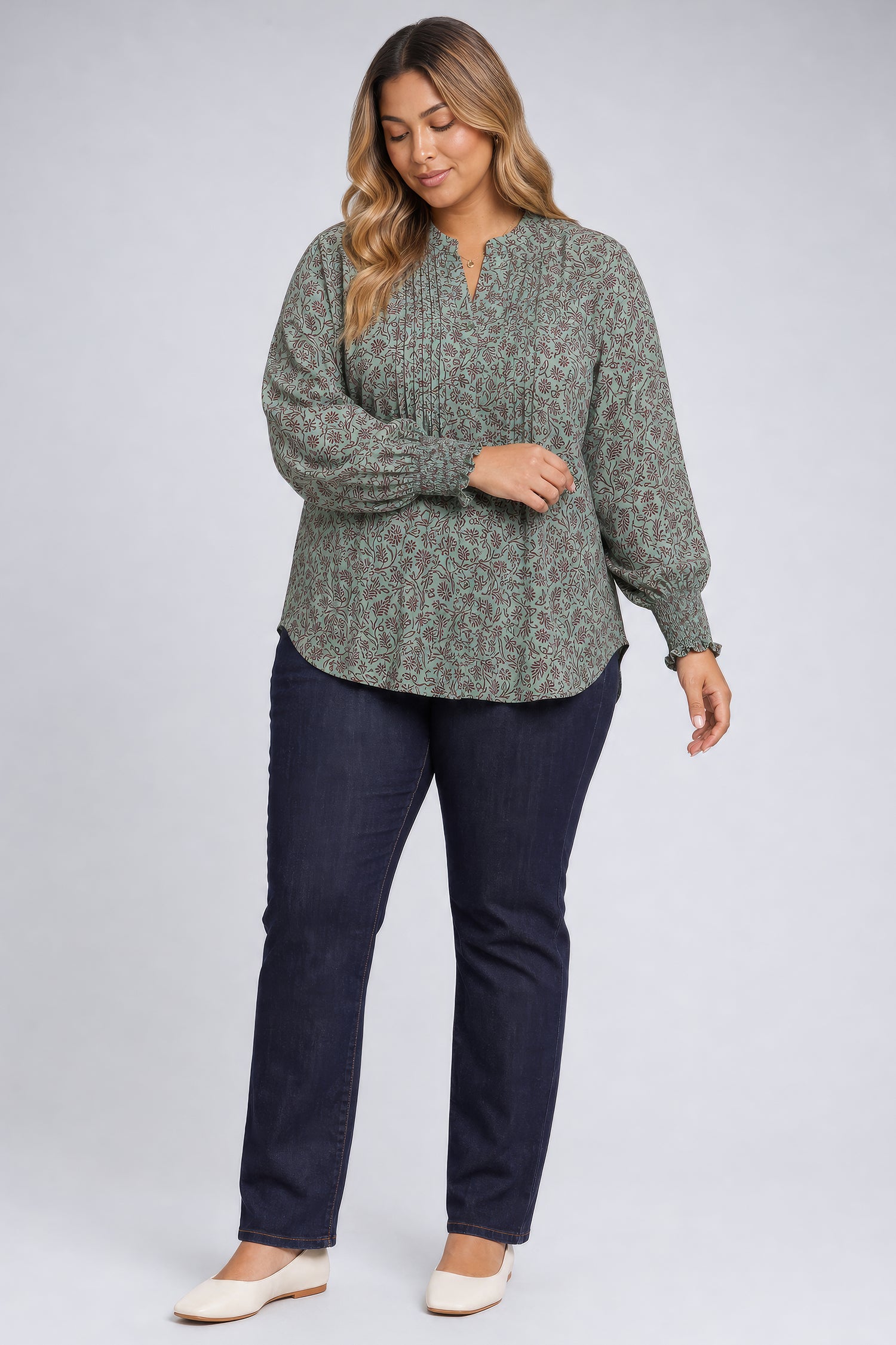 NYDJ Pleated Peasant Blouse In Plus Size  - Morningside Meadow Wine