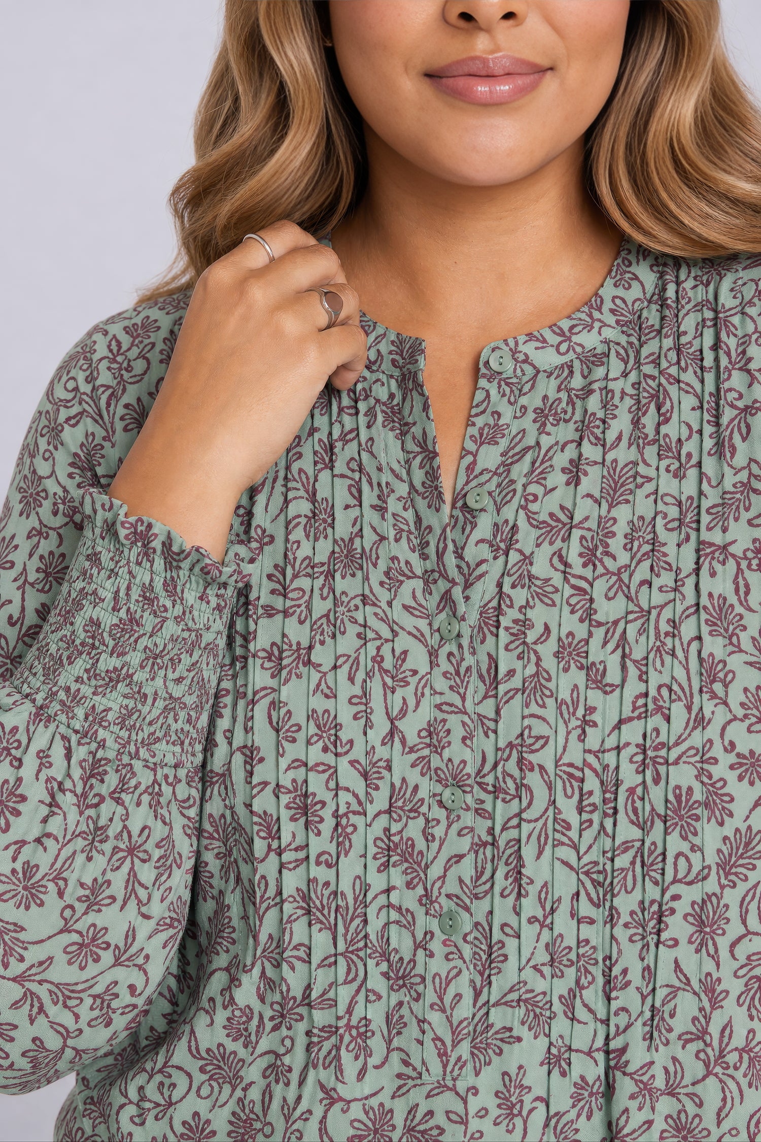 NYDJ Pleated Peasant Blouse In Plus Size  - Morningside Meadow Wine