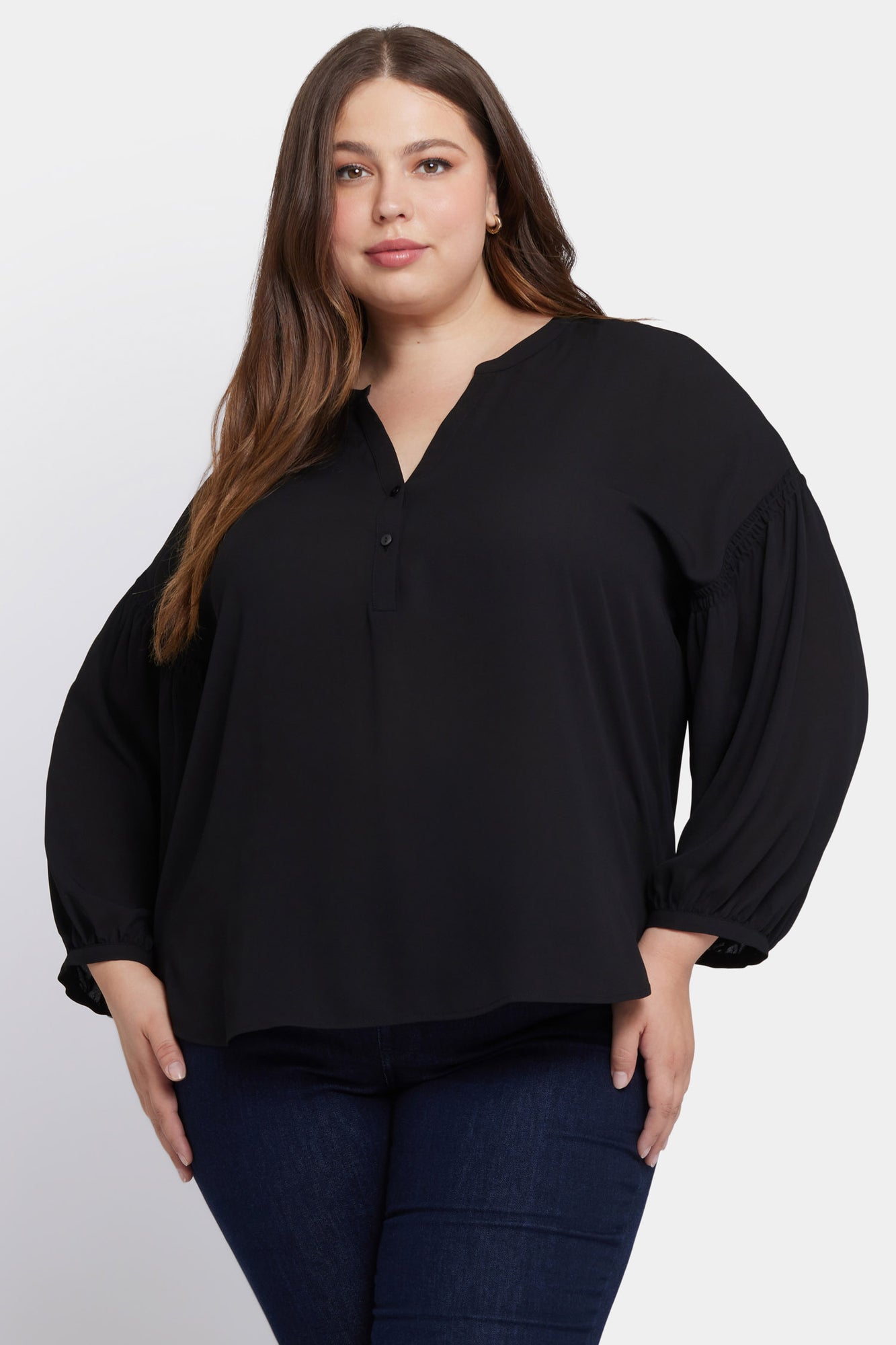 NYDJ Paulina Peasant Blouse In Plus Size  - Black