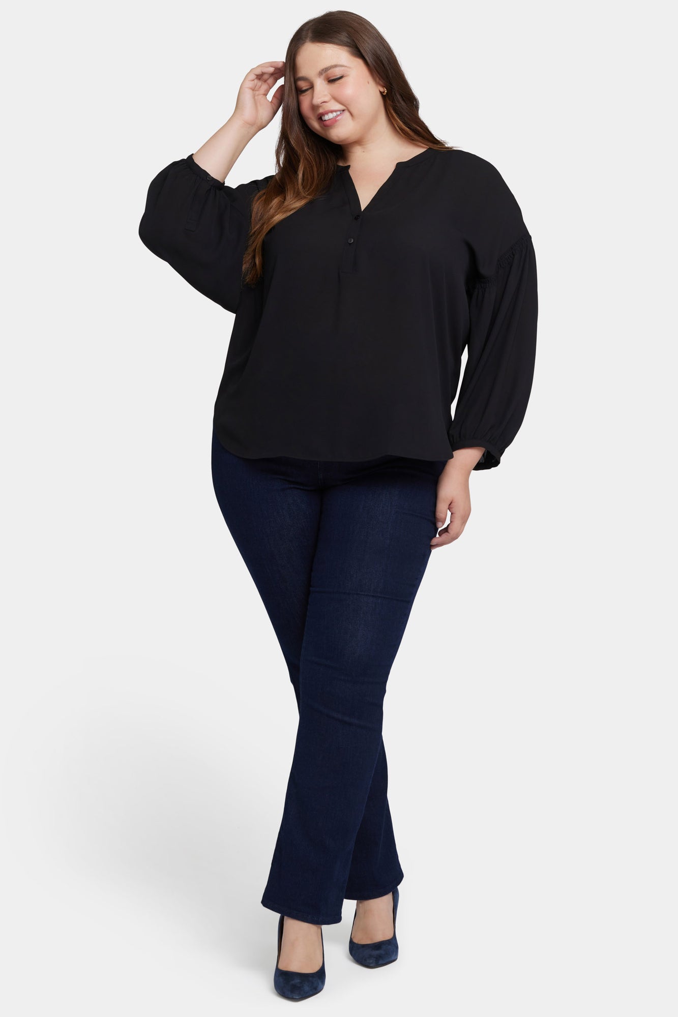 NYDJ Paulina Peasant Blouse In Plus Size  - Black