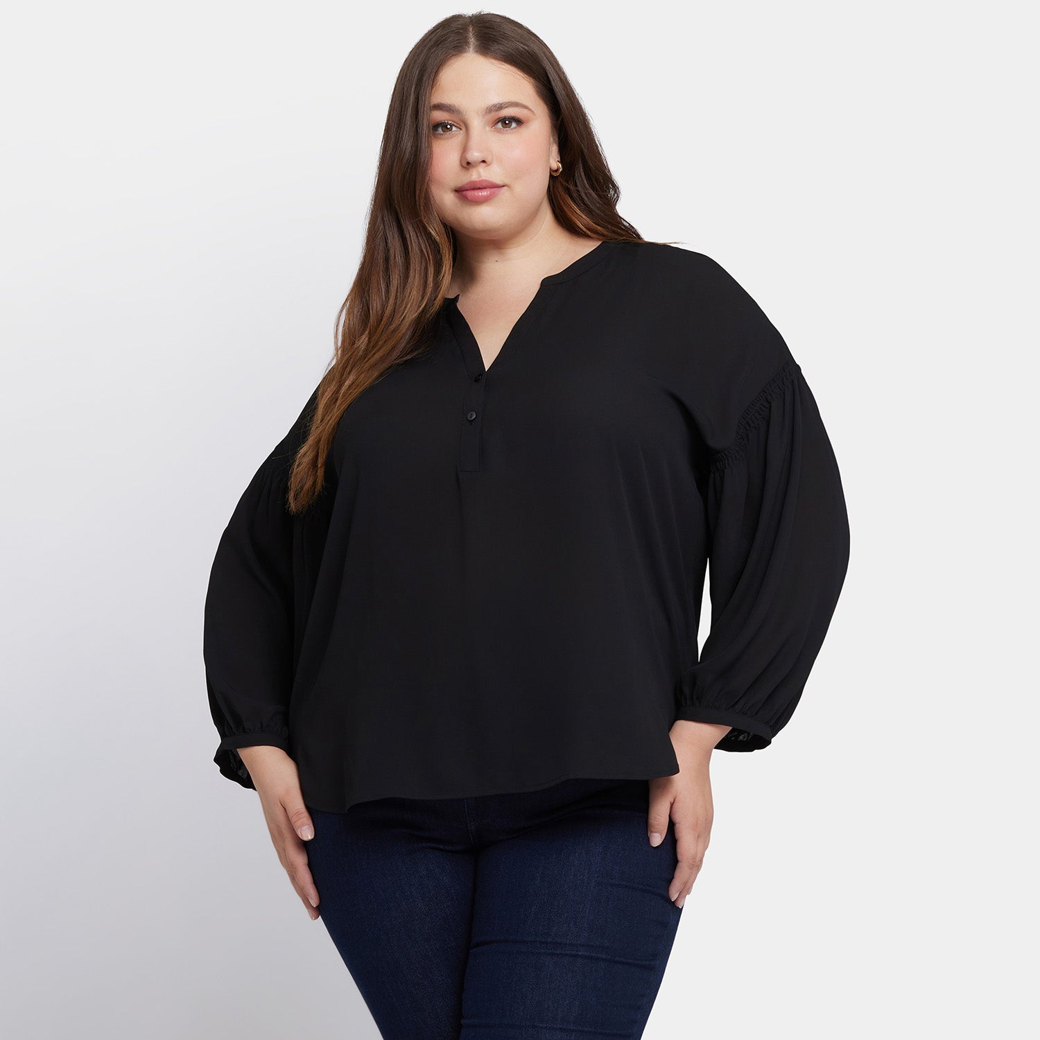 Paulina Peasant Blouse In Plus Size Black Solid Colors NYDJ