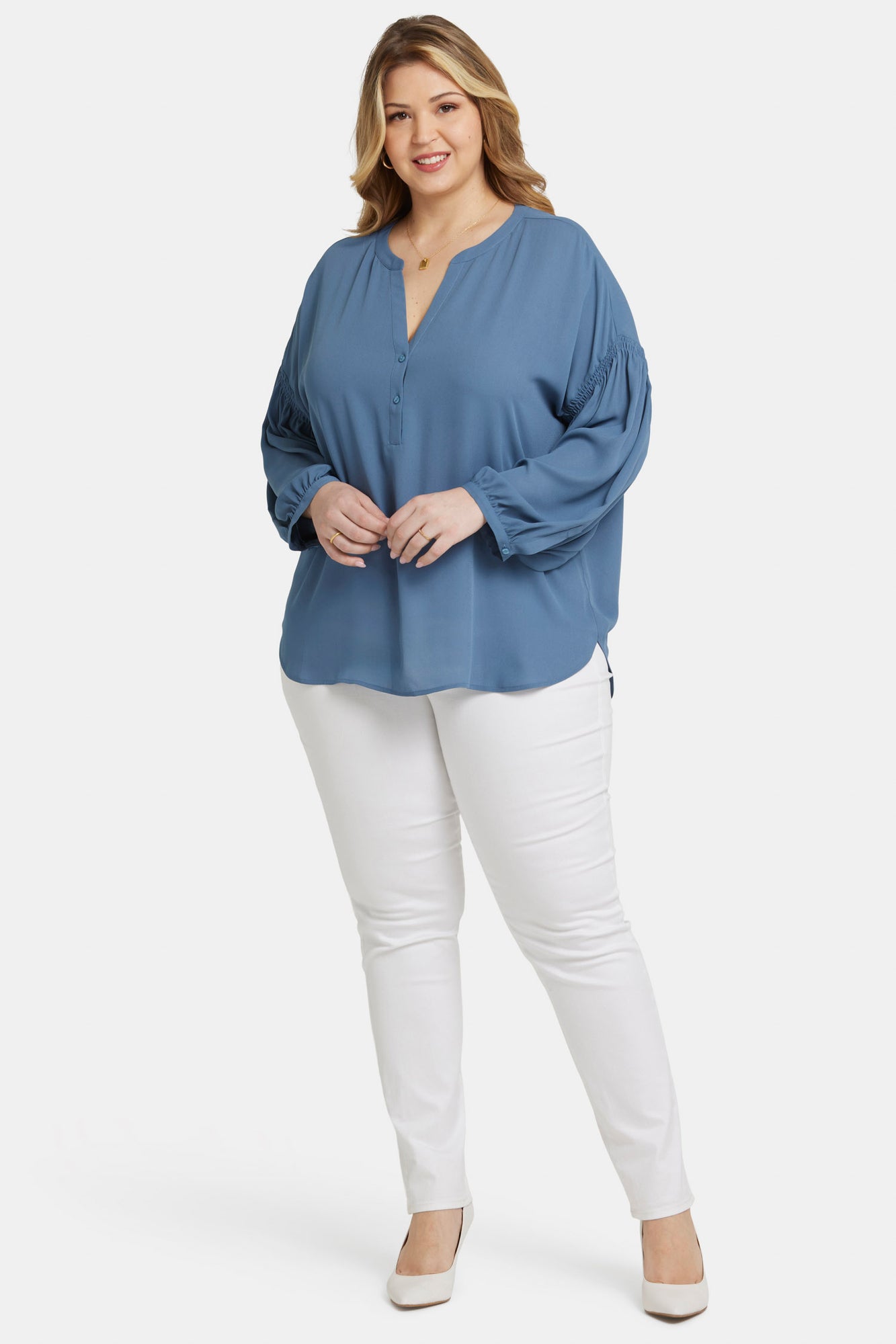 NYDJ Paulina Peasant Blouse In Plus Size  - Blue Stone