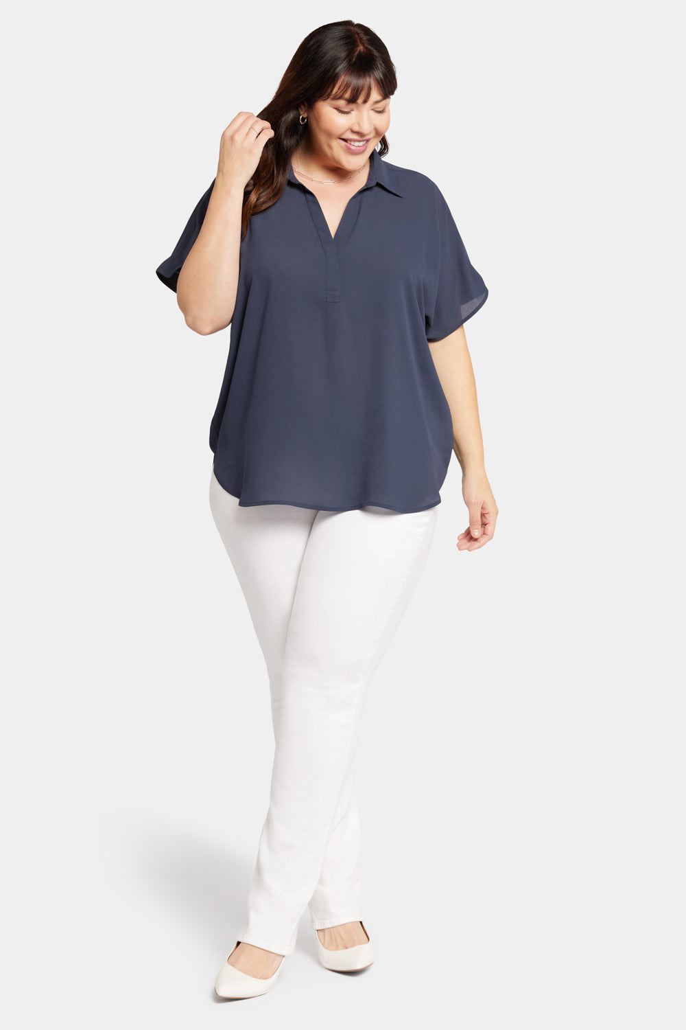 NYDJ Becky Short Sleeved Blouse In Plus Size  - Oxford Navy