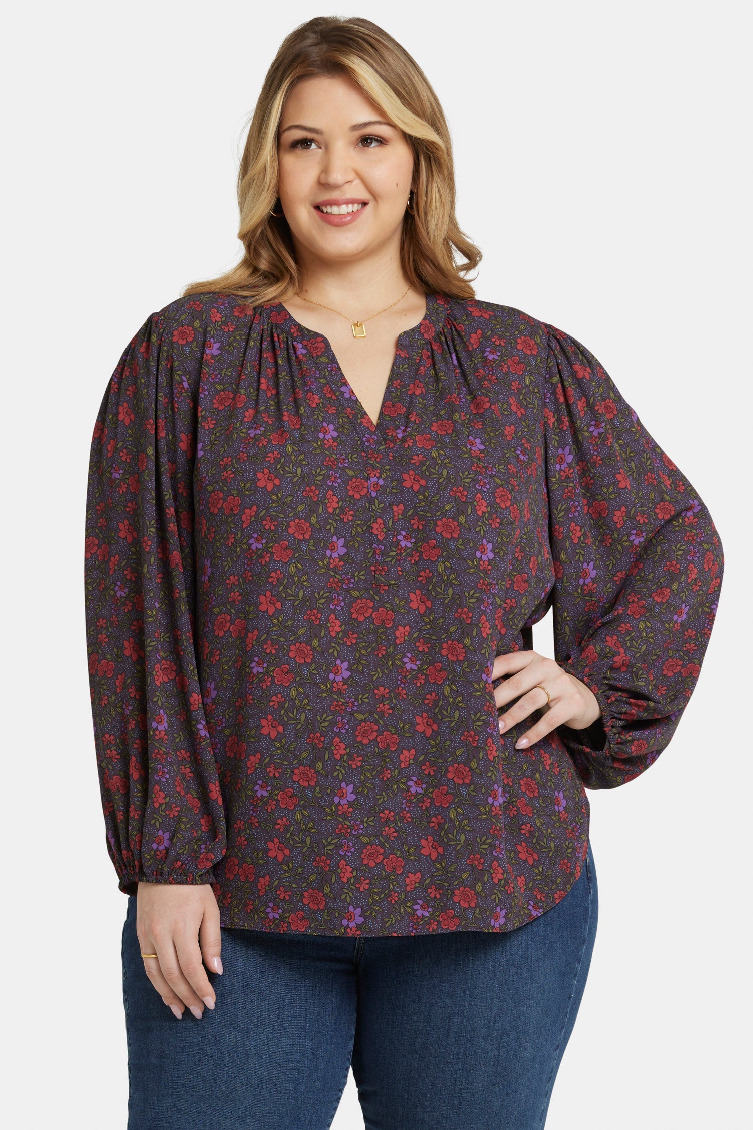NYDJ Puff Sleeve Popover Top In Plus Size  - Matilde Meadow