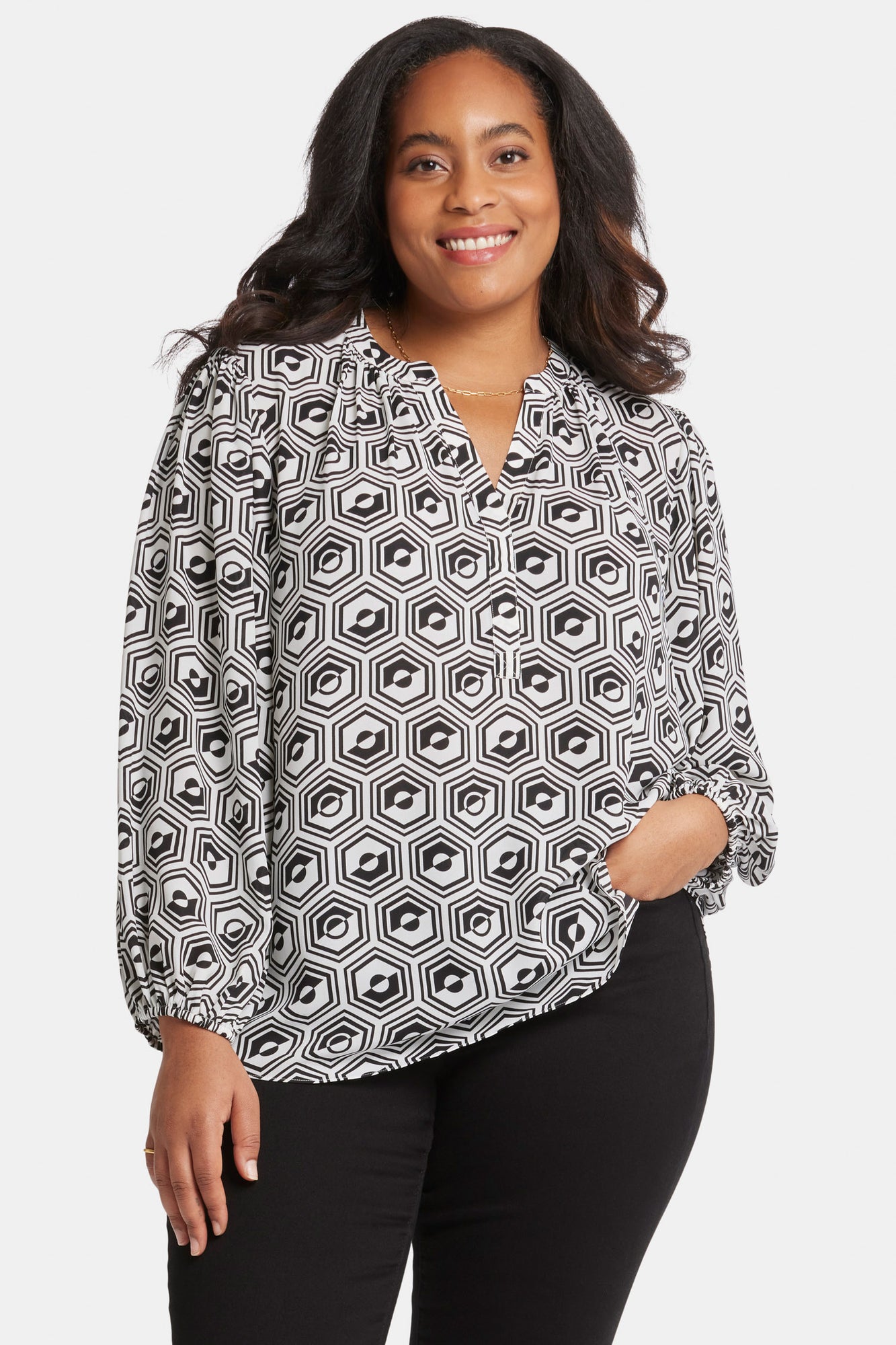 NYDJ Puff Sleeve Popover Top In Plus Size  - Night Owl