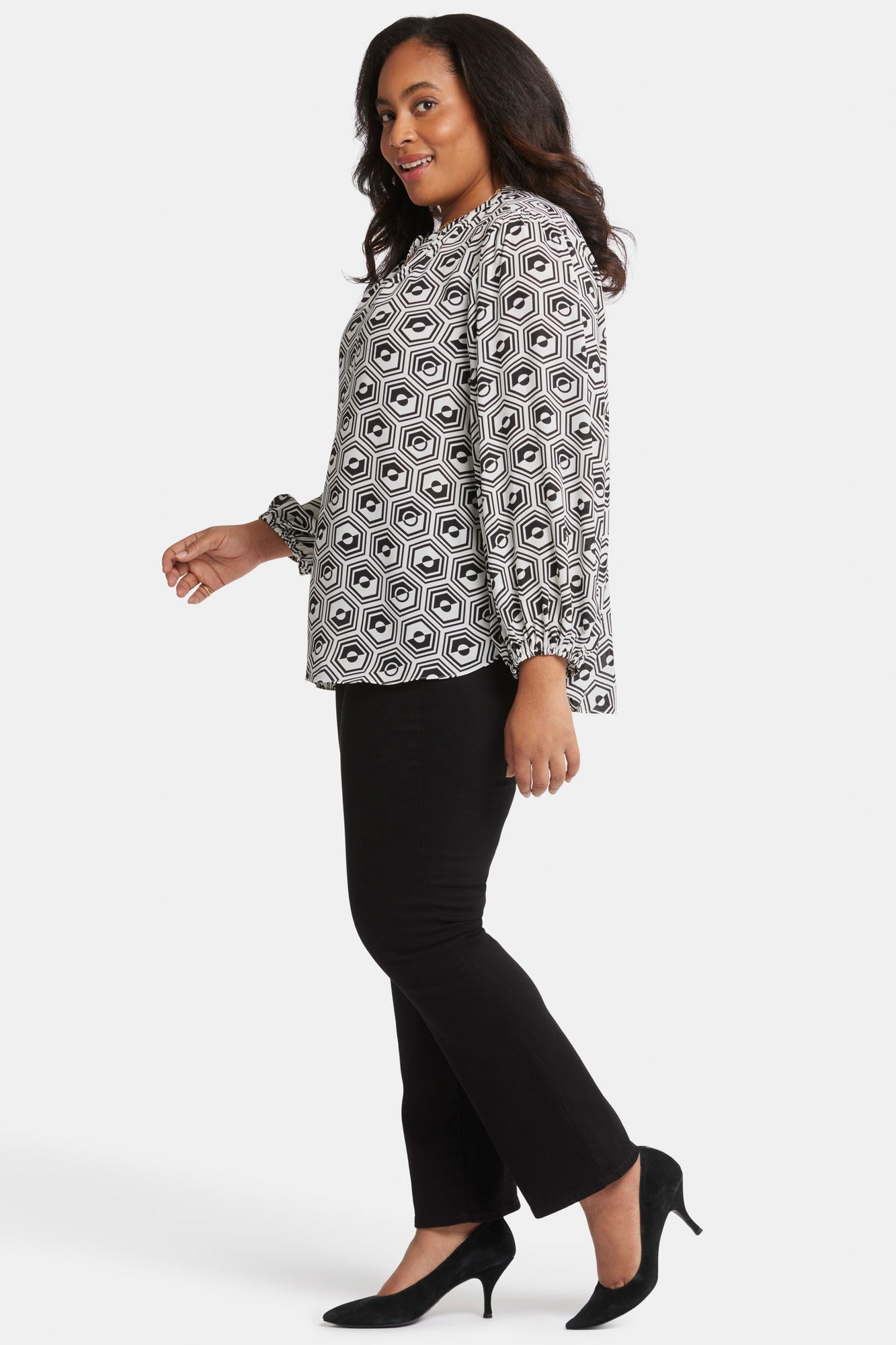 NYDJ Puff Sleeve Popover Top In Plus Size  - Night Owl