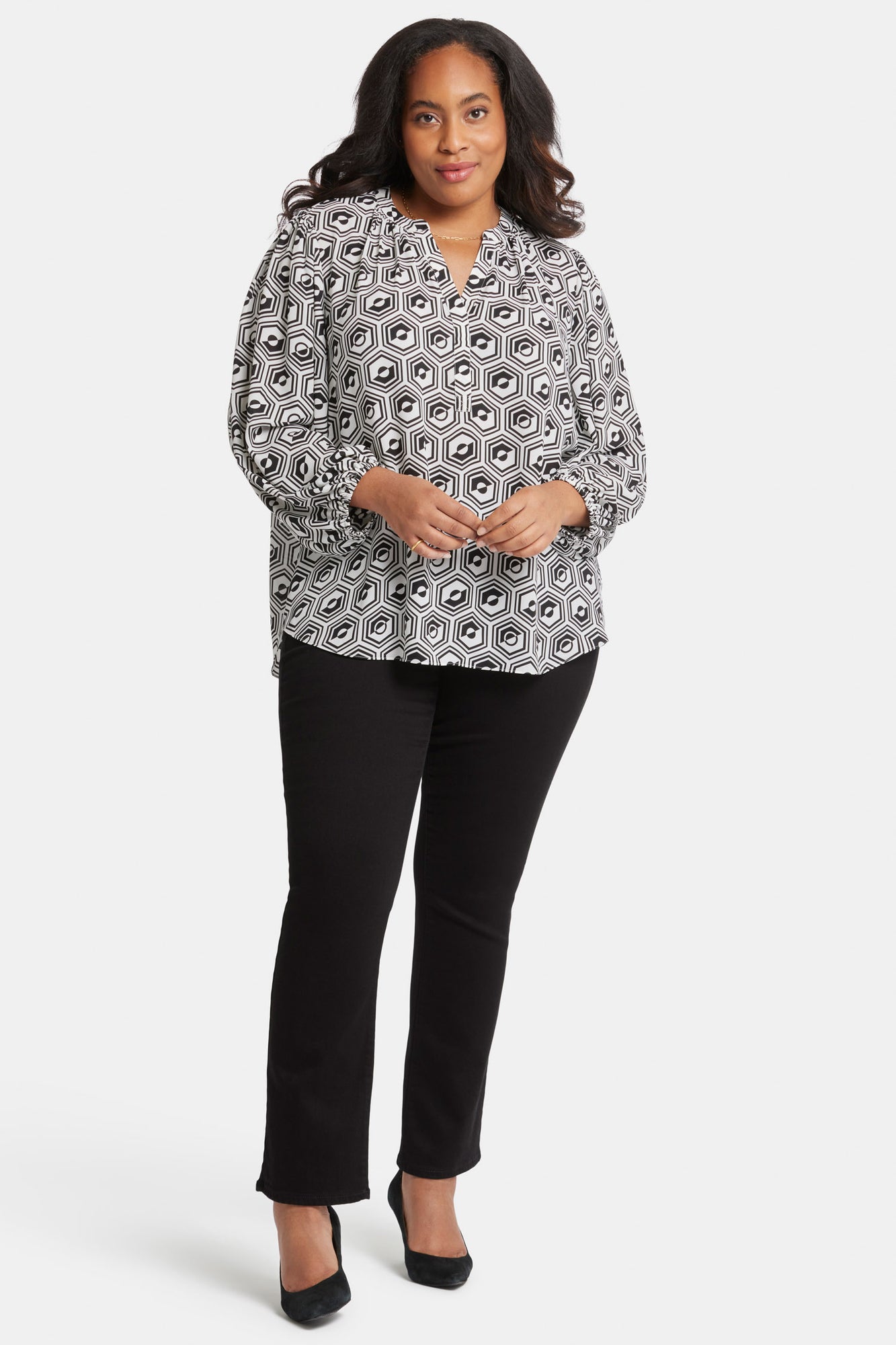 NYDJ Puff Sleeve Popover Top In Plus Size  - Night Owl