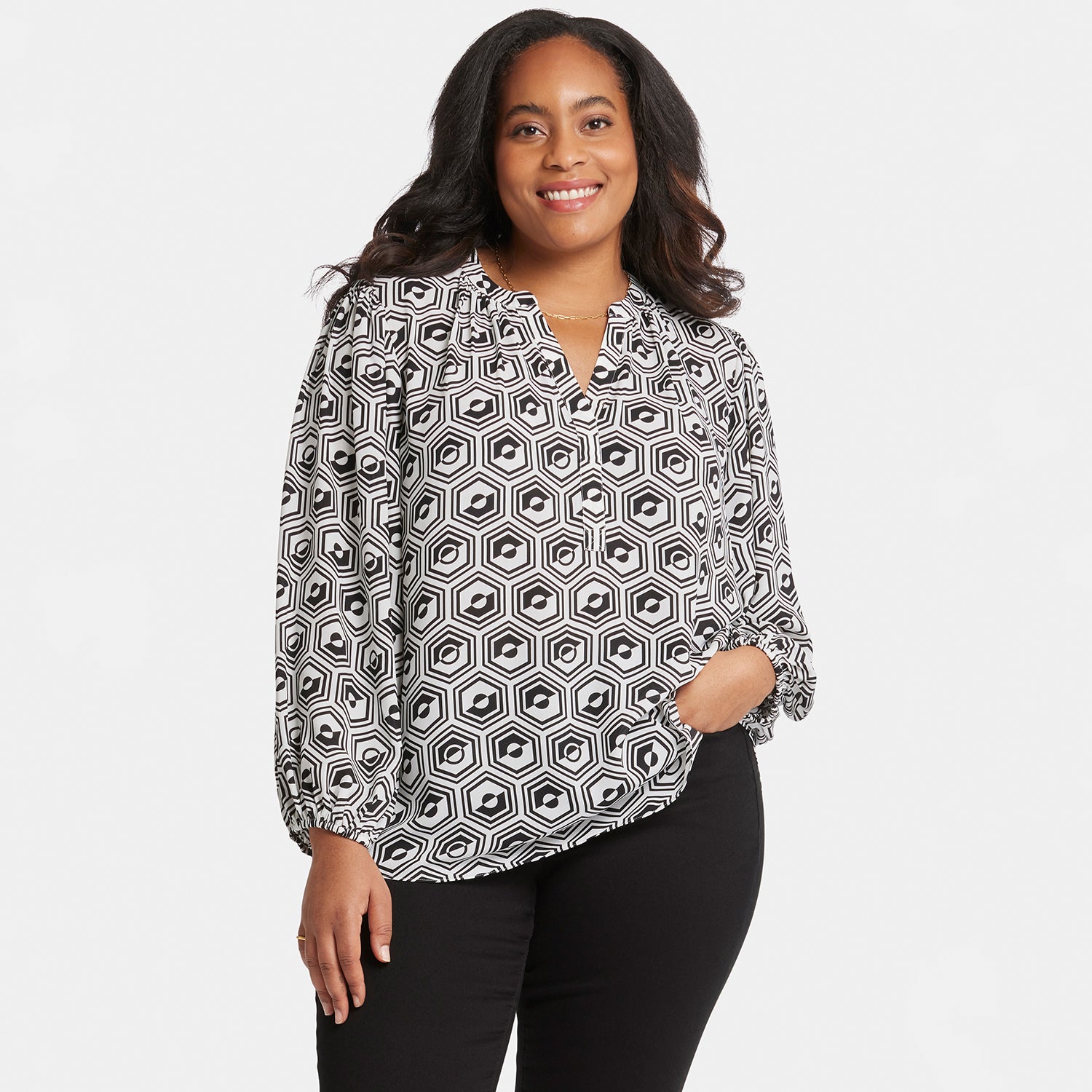 Puff Sleeve Popover Top - Black Solid Colors | NYDJ