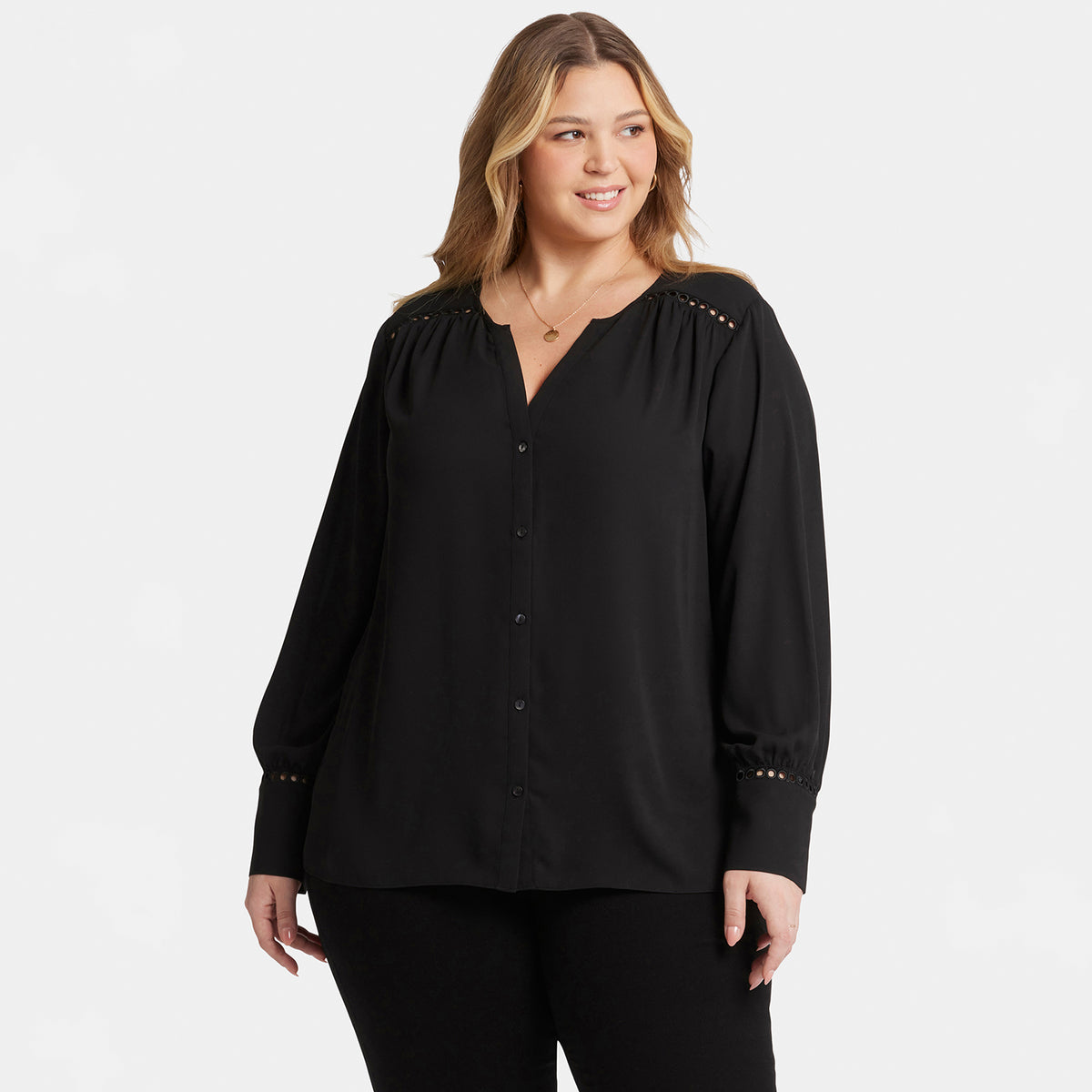 Liliana Peasant Blouse In Plus Size - Black Solid Colors | NYDJ