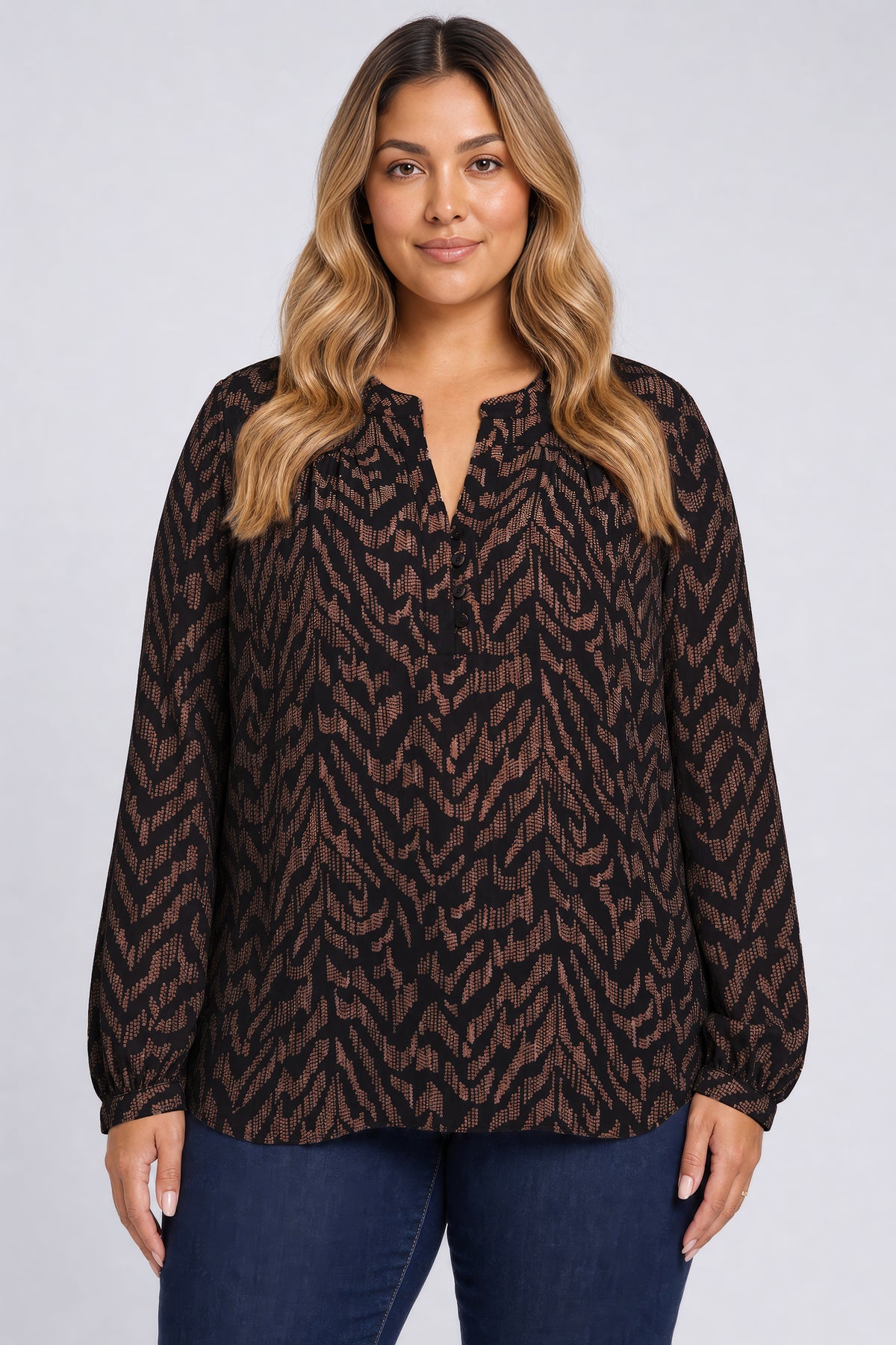 NYDJ Trinity Blouse In Plus Size  - Jagged Tiger Chocolate