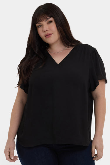 NYDJ Pleated Flutter Sleeved Blouse In Plus Size  - Black