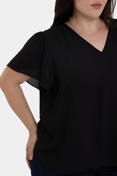NYDJ Pleated Flutter Sleeved Blouse In Plus Size  - Black