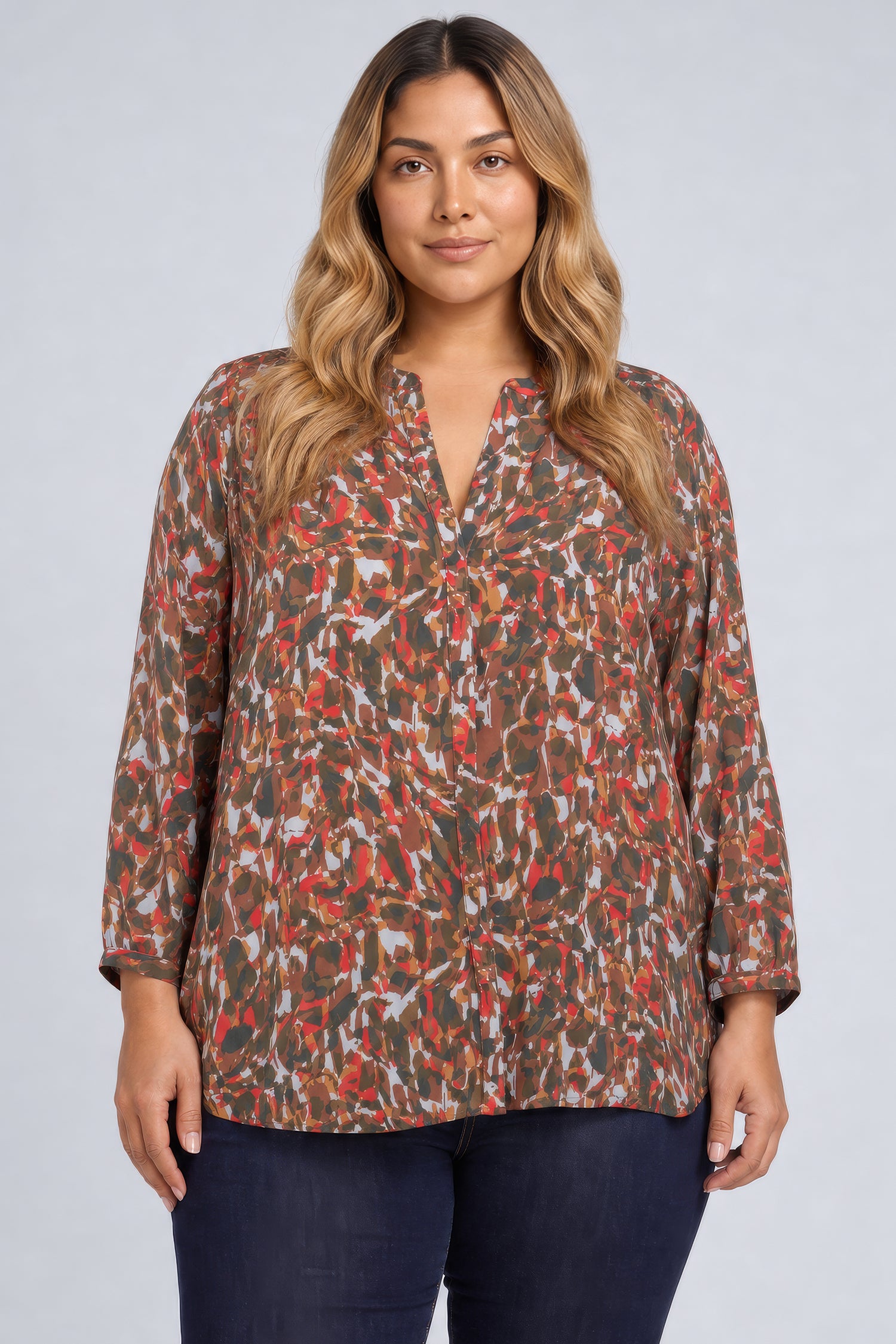 NYDJ Pintuck Blouse In Plus Size  - West End Abstract Mocha
