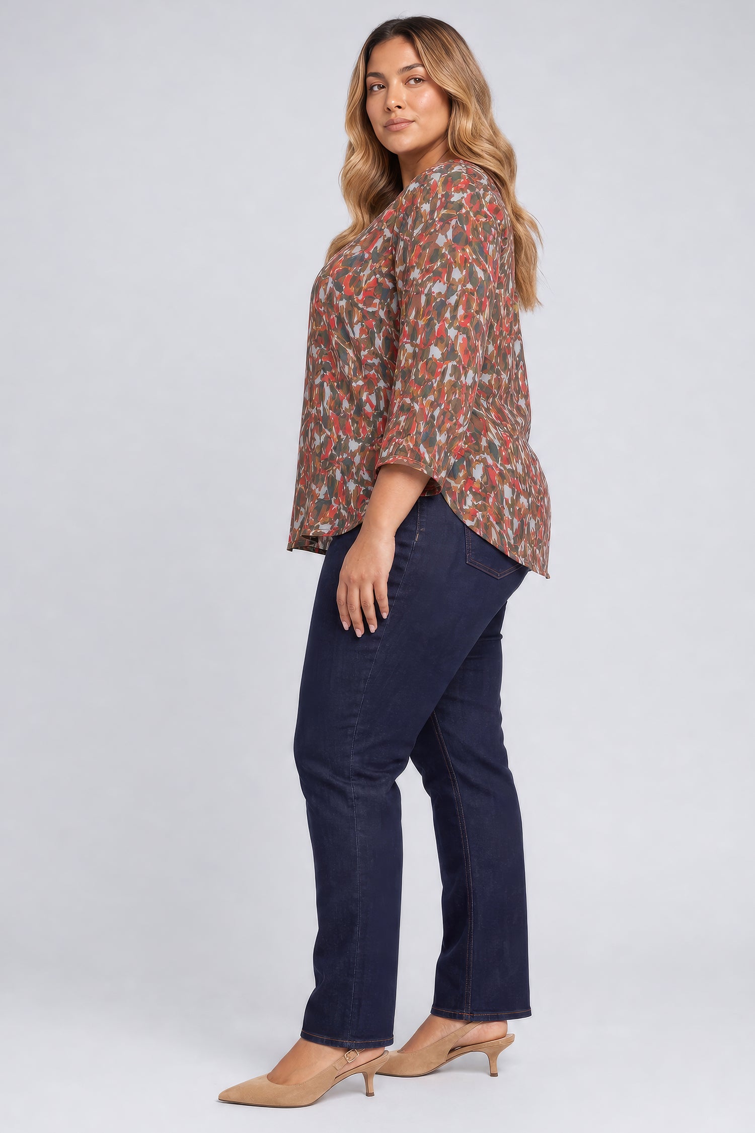 NYDJ Pintuck Blouse In Plus Size  - West End Abstract Mocha