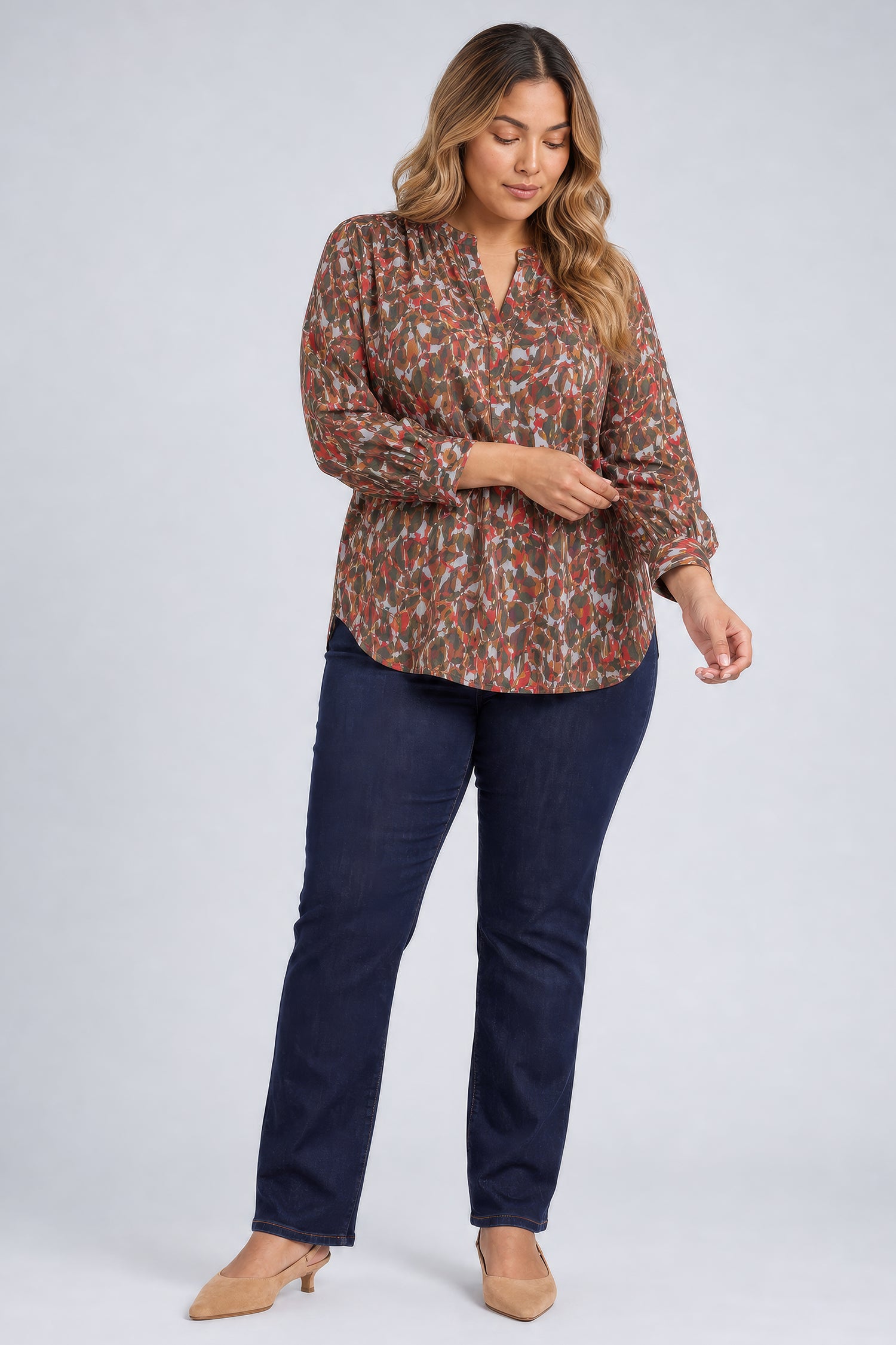 NYDJ Pintuck Blouse In Plus Size  - West End Abstract Mocha