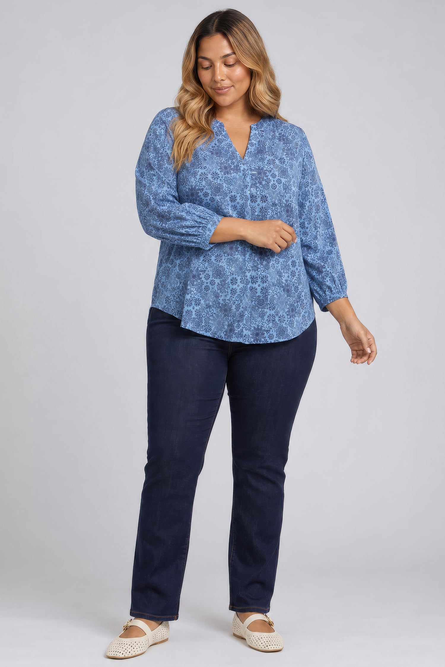 NYDJ Pintuck Blouse In Plus Size  - Blue Dusk Crystals