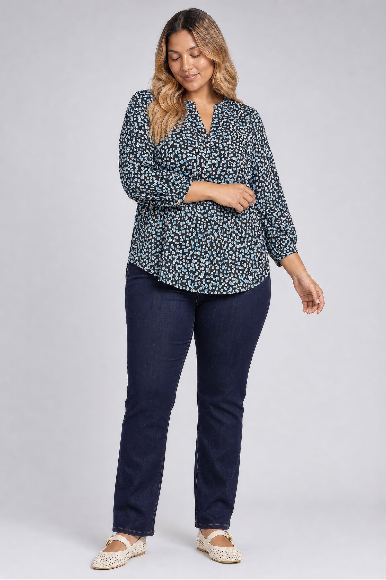 NYDJ Pintuck Blouse In Plus Size  - Random Dots Bluebell