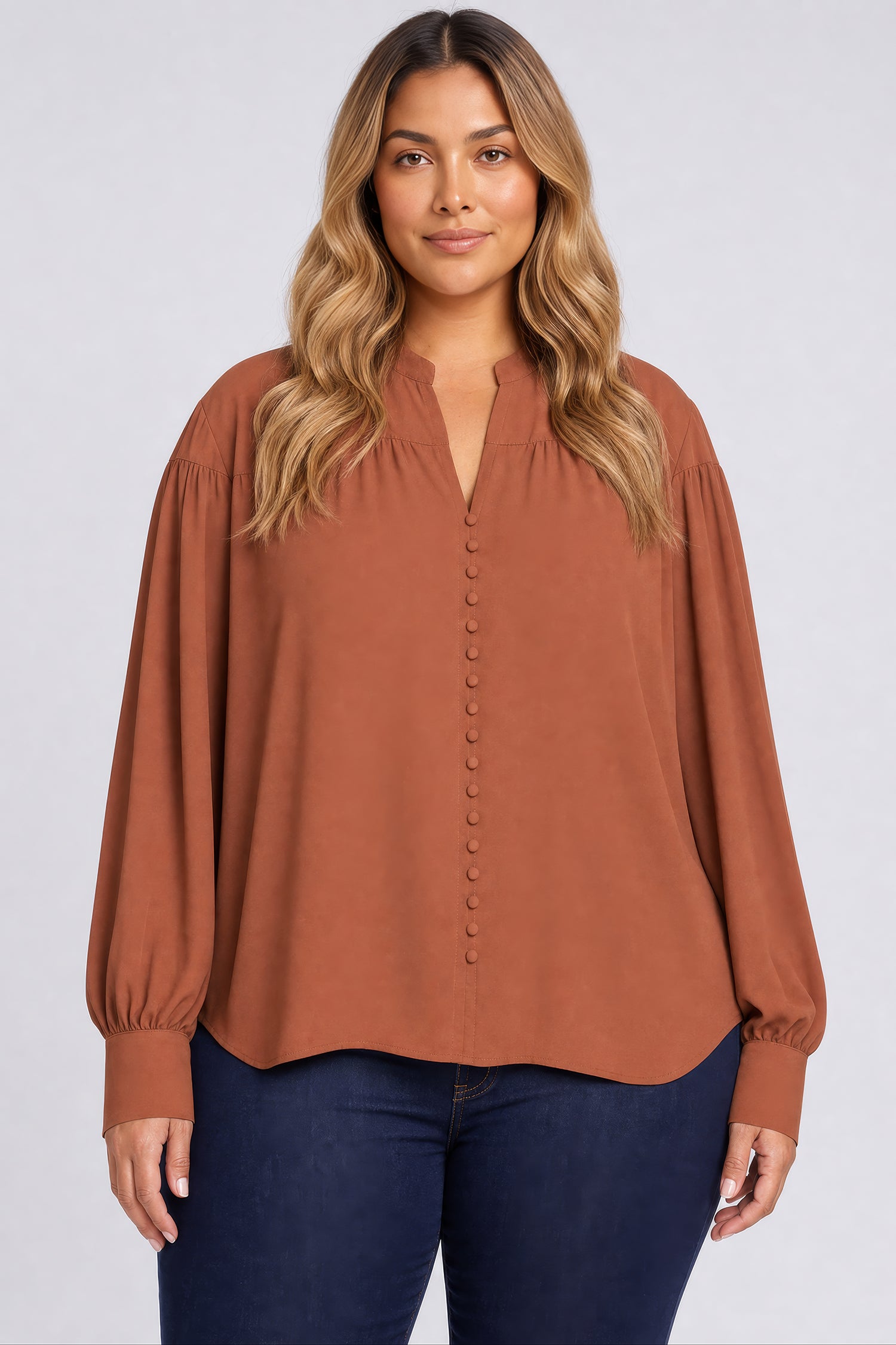 NYDJ Anika Blouse In Plus Size  - Mocha Bisque