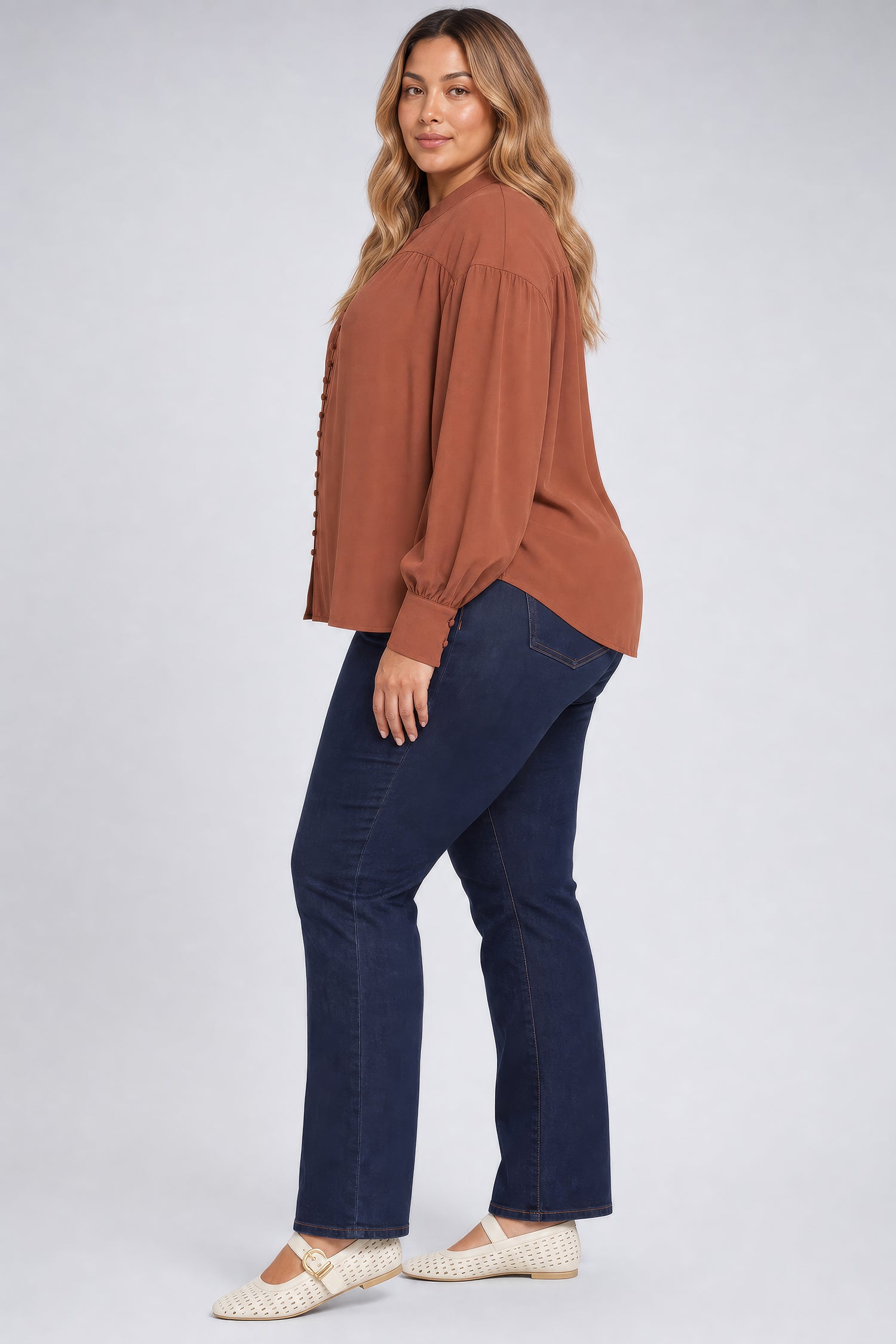 NYDJ Anika Blouse In Plus Size  - Mocha Bisque