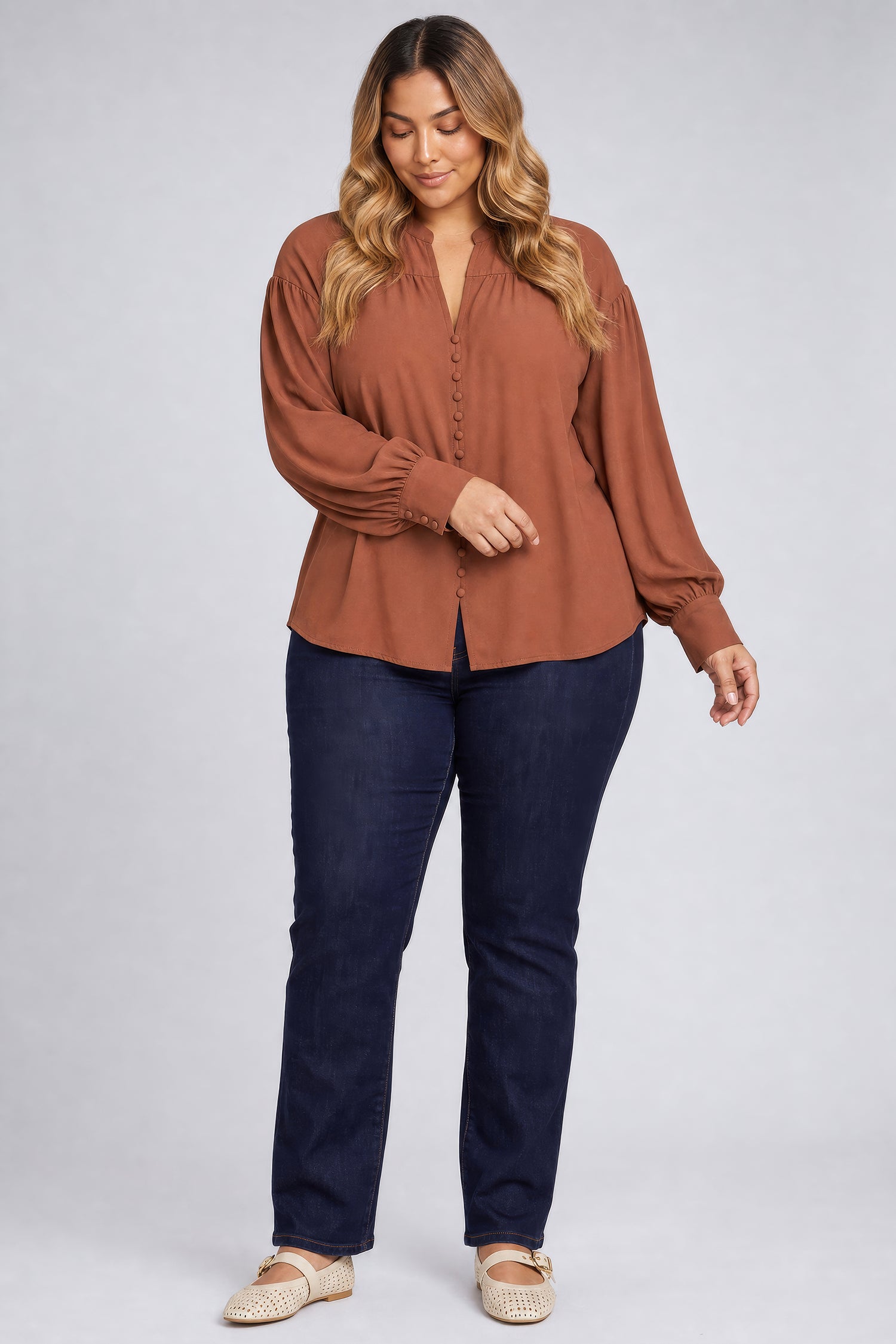 NYDJ Anika Blouse In Plus Size  - Mocha Bisque