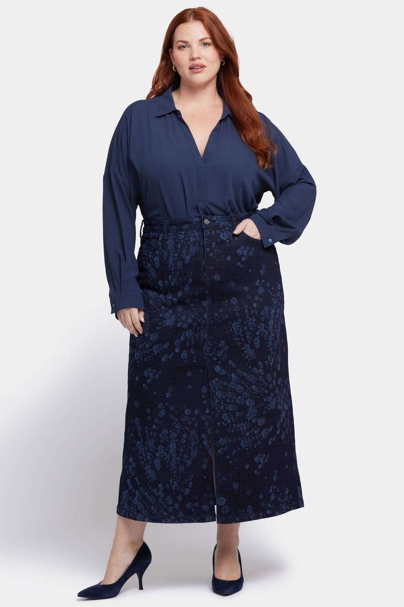 NYDJ High Rise Long Skirt In Plus Size With Center Front Slit - Dark Indigo Salome