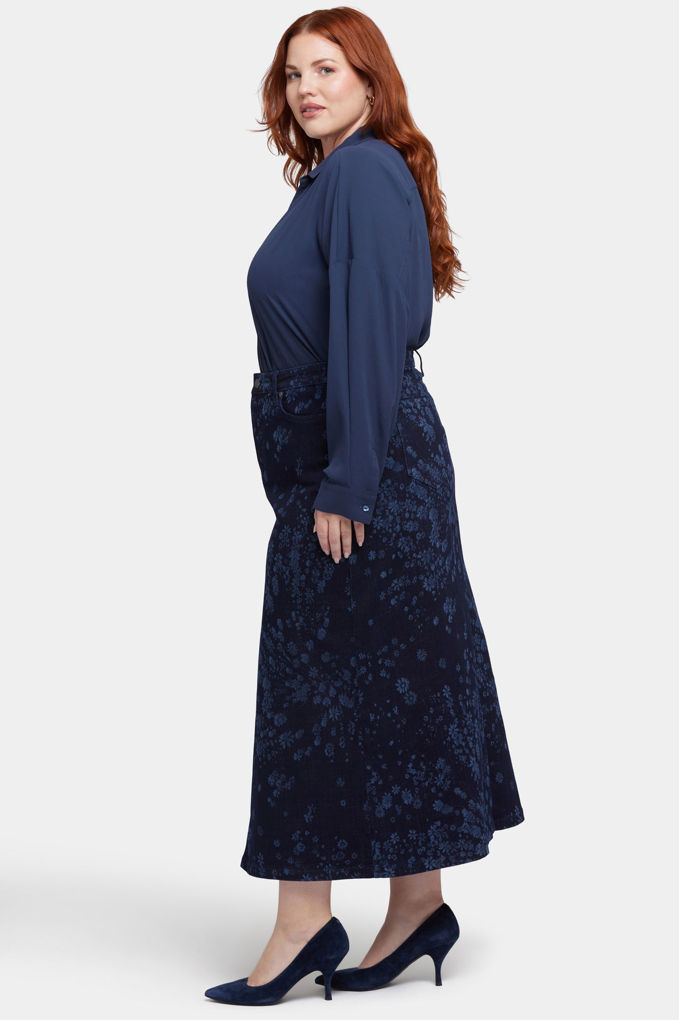 NYDJ High Rise Long Skirt In Plus Size With Center Front Slit - Dark Indigo Salome