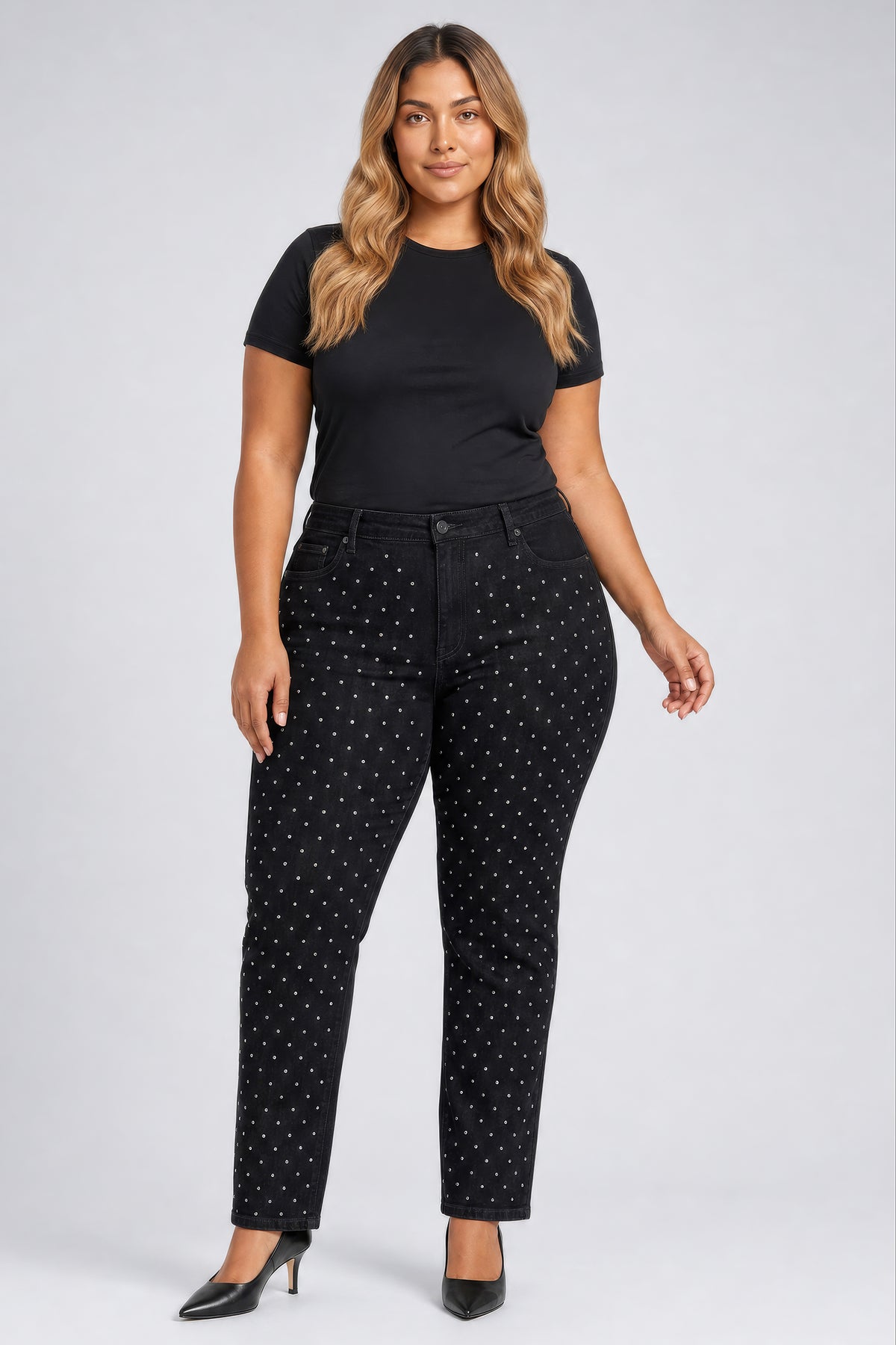 NYDJ Sheri Slim Straight Jeans In Plus Size With High Rise And Studs - Black Rinse