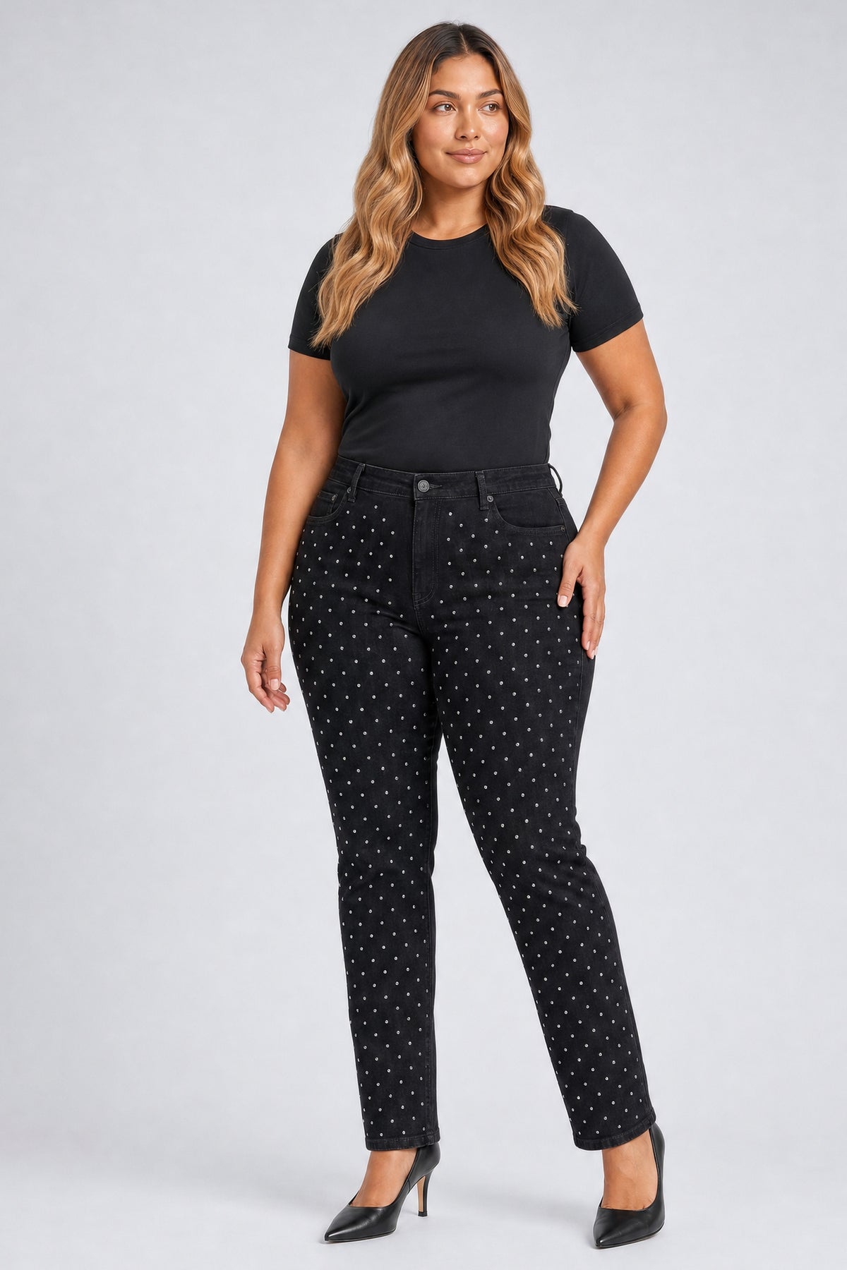 NYDJ Sheri Slim Straight Jeans In Plus Size With High Rise And Studs - Black Rinse