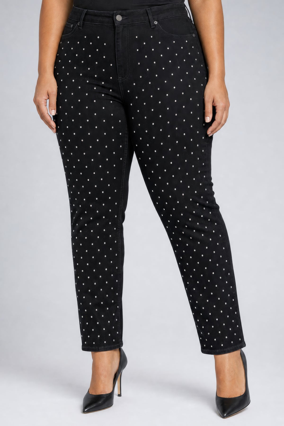NYDJ Sheri Slim Straight Jeans In Plus Size With High Rise And Studs - Black Rinse