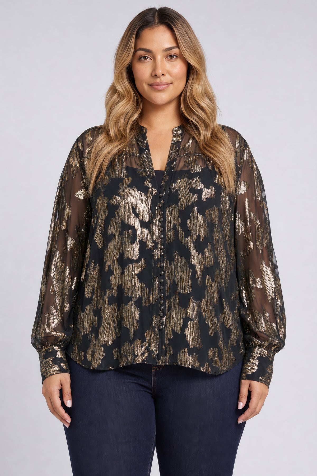 NYDJ Anika Blouse In Plus Size In Metallic Jacquard Chiffon - Black Gold