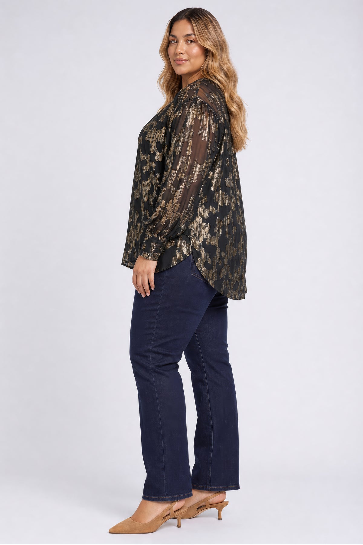 NYDJ Anika Blouse In Plus Size In Metallic Jacquard Chiffon - Black Gold