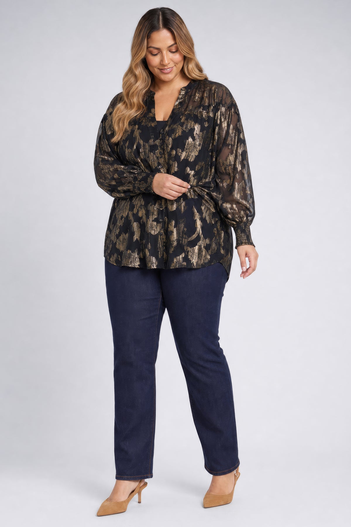 NYDJ Anika Blouse In Plus Size In Metallic Jacquard Chiffon - Black Gold