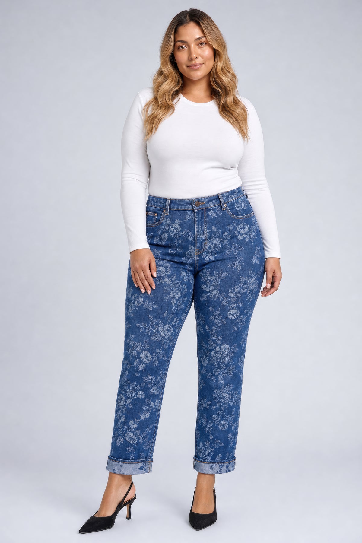 NYDJ Marilyn Straight Ankle Jeans In Plus Size With Cuffs - Floral Jacquard Indigo