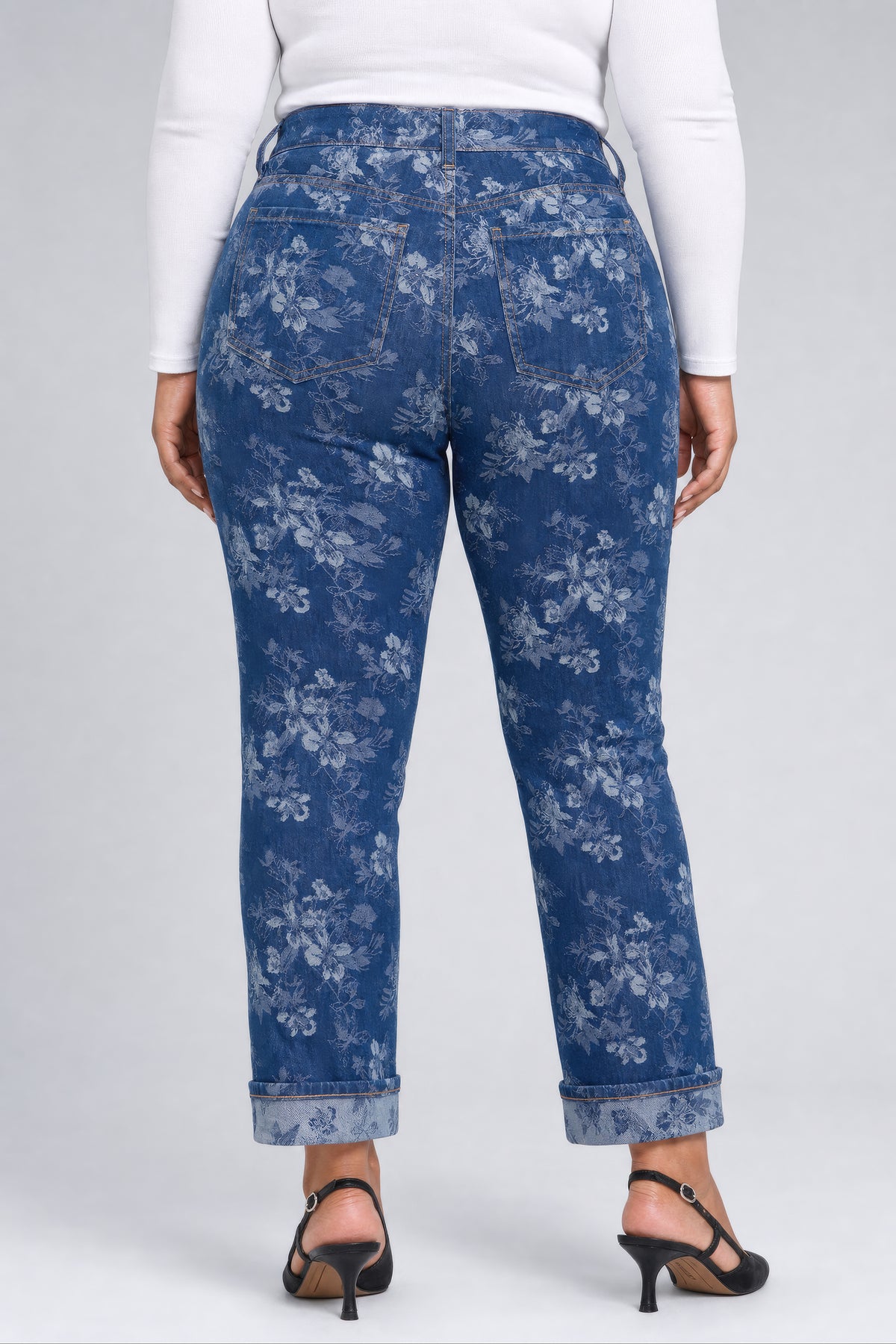 NYDJ Marilyn Straight Ankle Jeans In Plus Size With Cuffs - Floral Jacquard Indigo