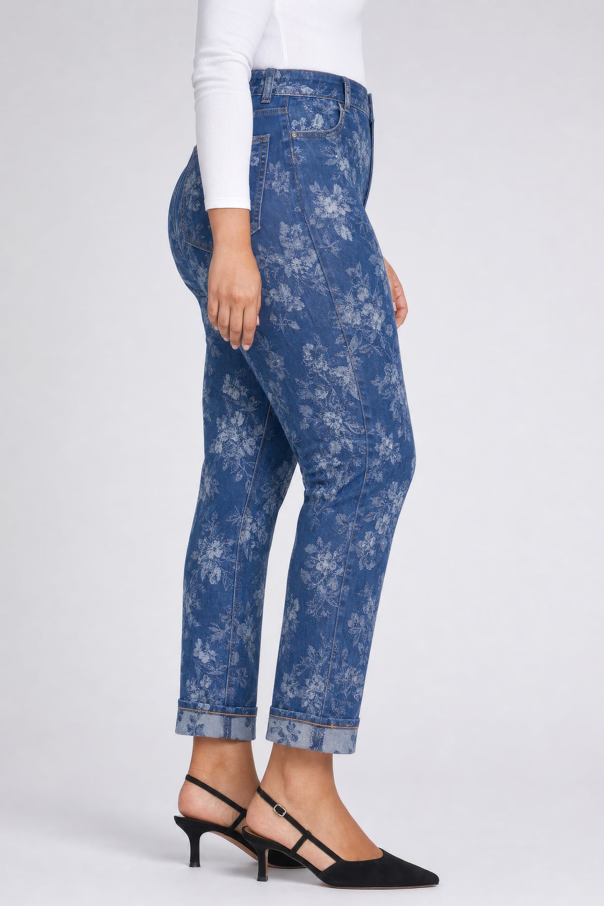 NYDJ Marilyn Straight Ankle Jeans In Plus Size With Cuffs - Floral Jacquard Indigo