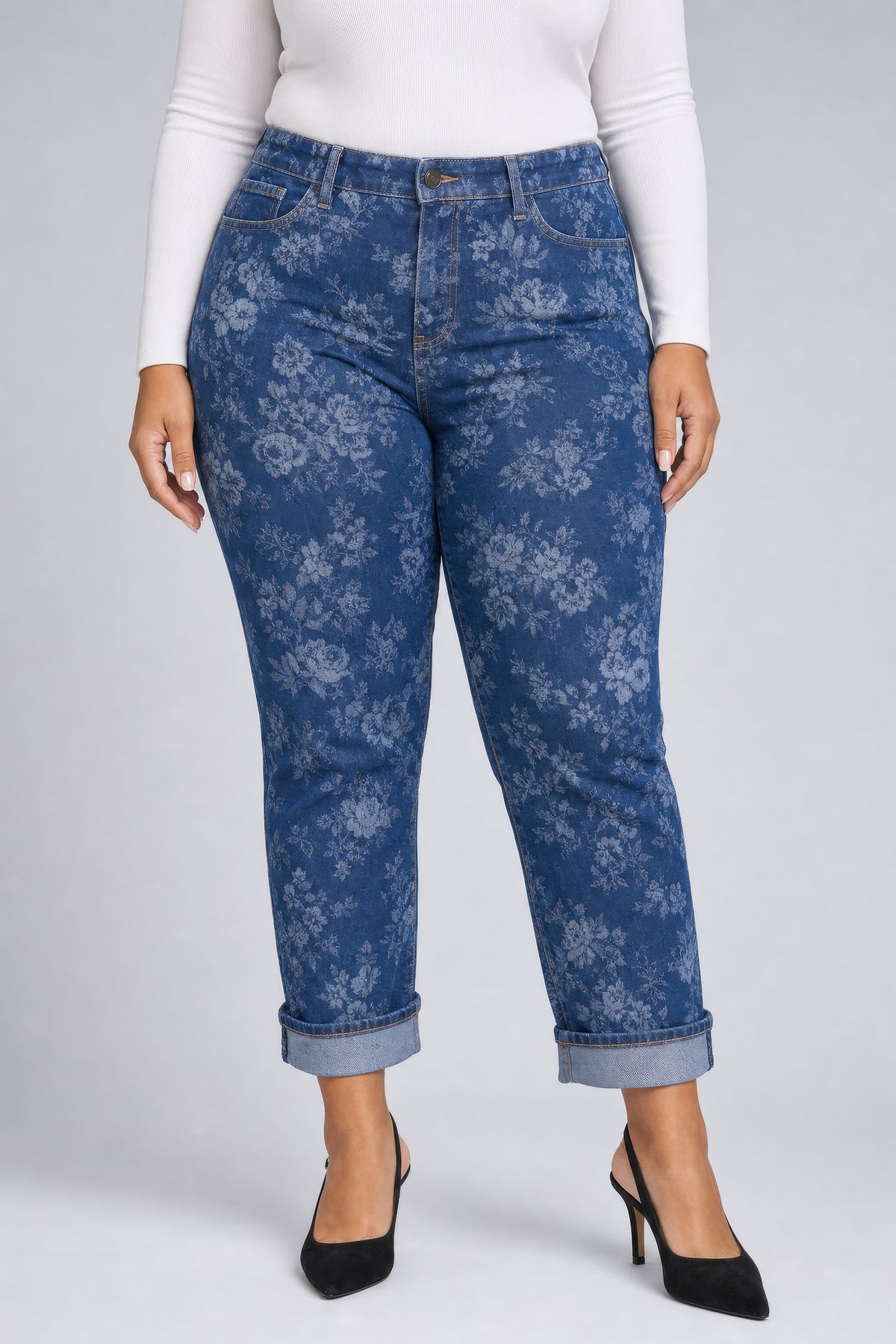 NYDJ Marilyn Straight Ankle Jeans In Plus Size With Cuffs - Floral Jacquard Indigo