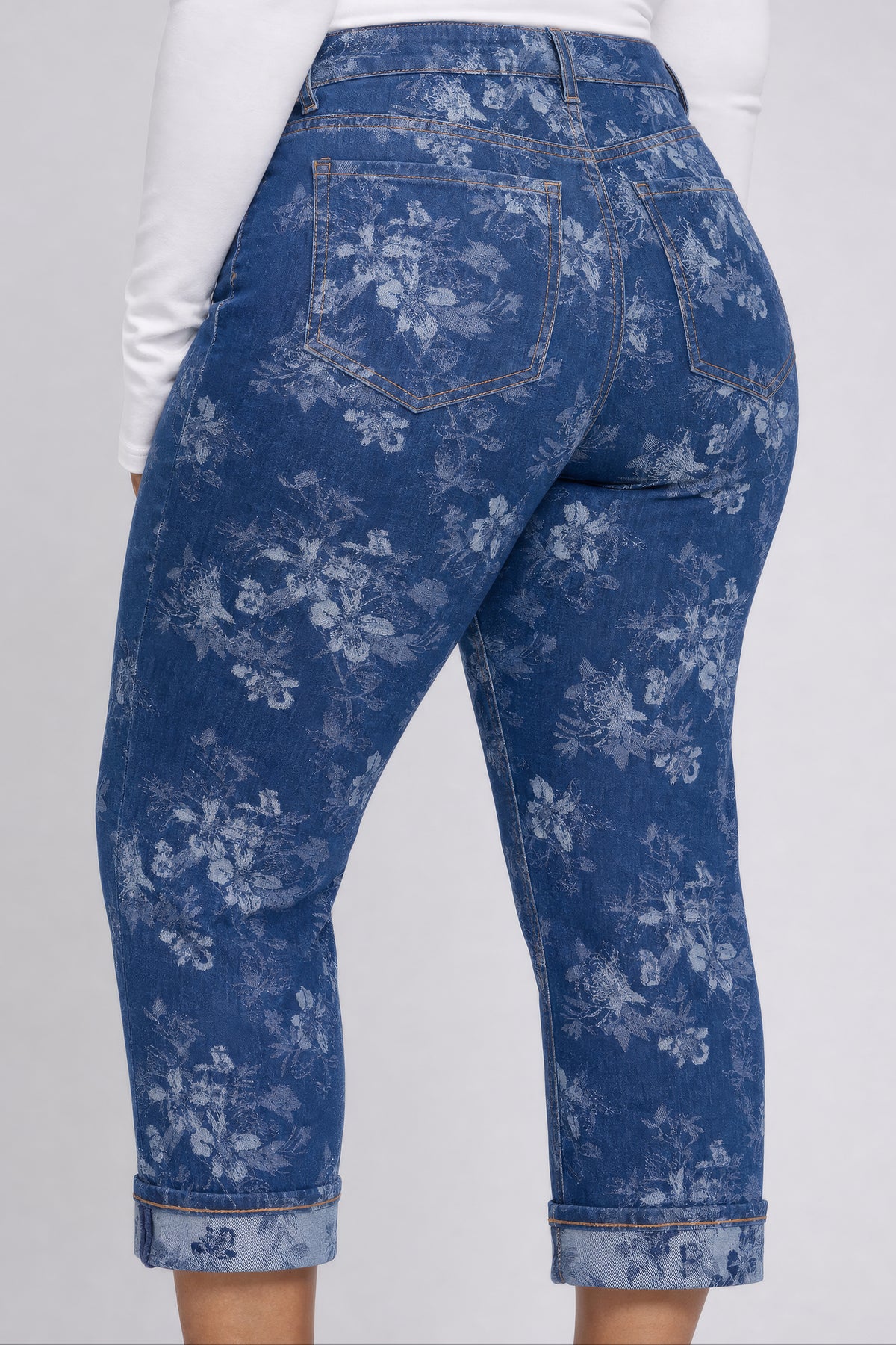 NYDJ Marilyn Straight Ankle Jeans In Plus Size With Cuffs - Floral Jacquard Indigo