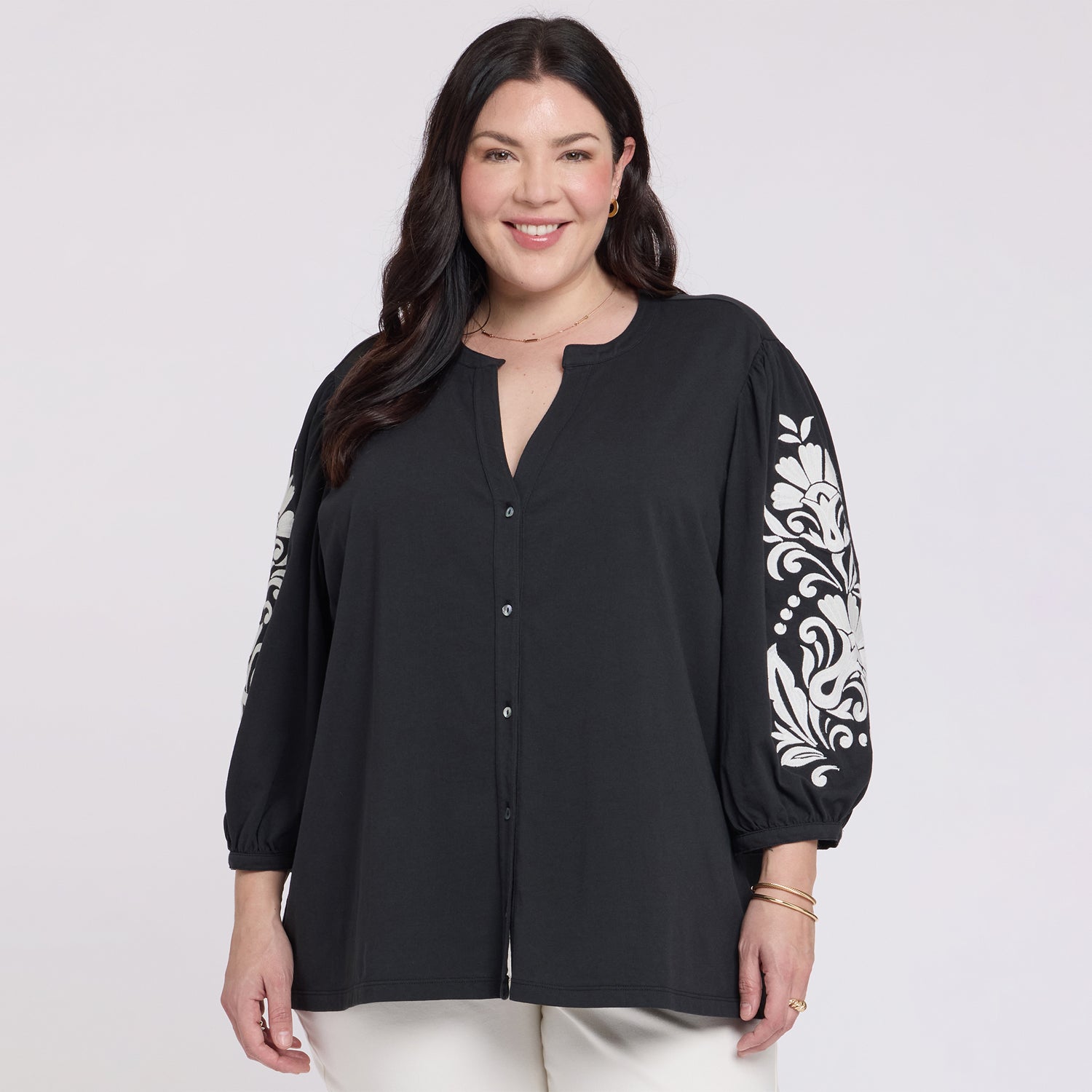 Embroidered Knit Blouse In Plus Size - Black Ivory Black | NYDJ