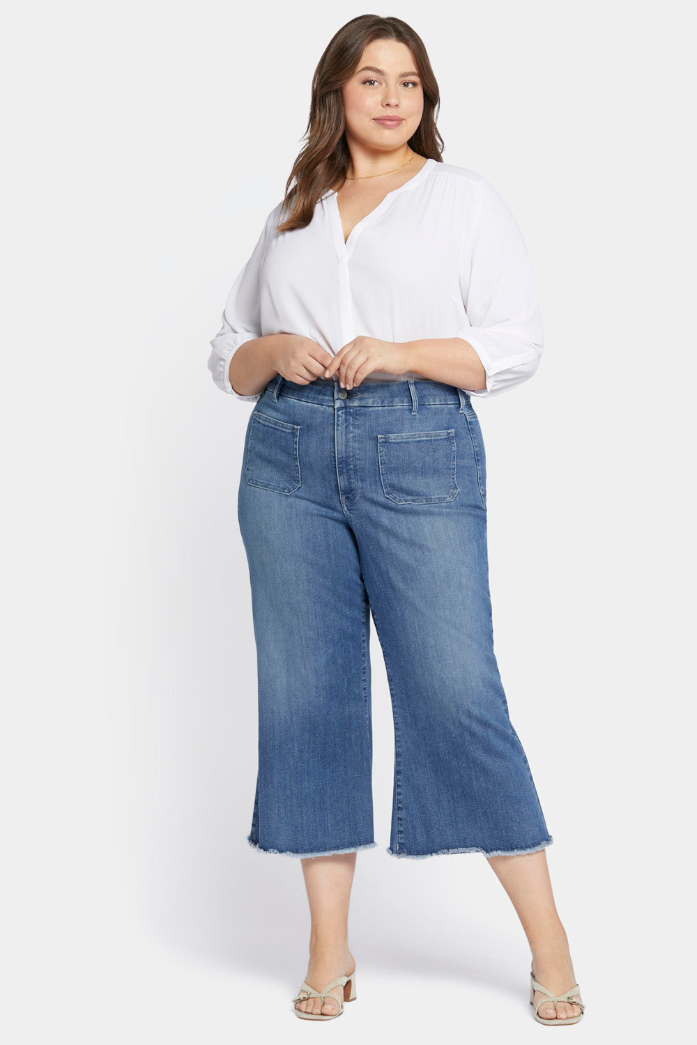NYDJ Patchie Wide Leg Capri Jeans In Plus Size With Frayed Hems - Compass