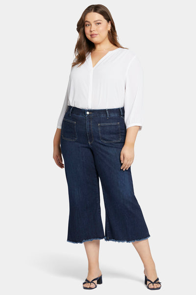 Patchie Wide Leg Capri Jeans With Frayed Hems - Sublime Blue