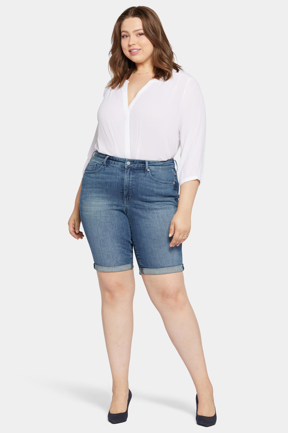 NYDJ Briella 11 Inch Denim Shorts In Plus Size With Roll Cuffs - Landslide