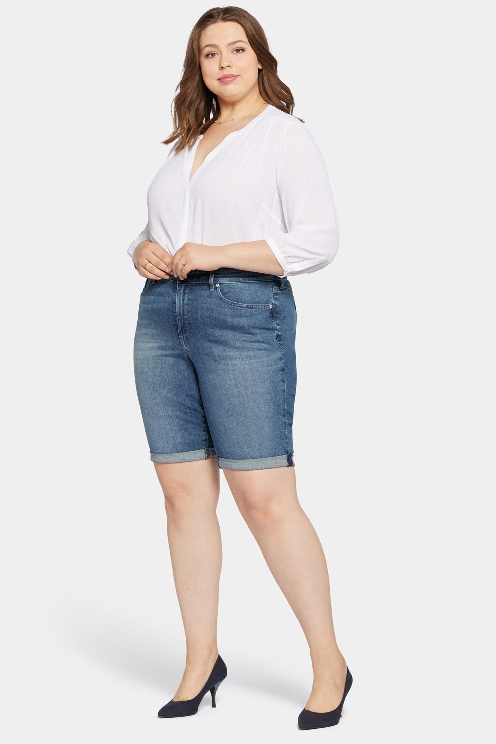 NYDJ Briella 11 Inch Denim Shorts In Plus Size With Roll Cuffs - Landslide