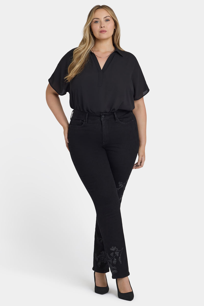 NYDJ Marilyn Straight Jeans In Plus Size With Embroidery - Black Rinse